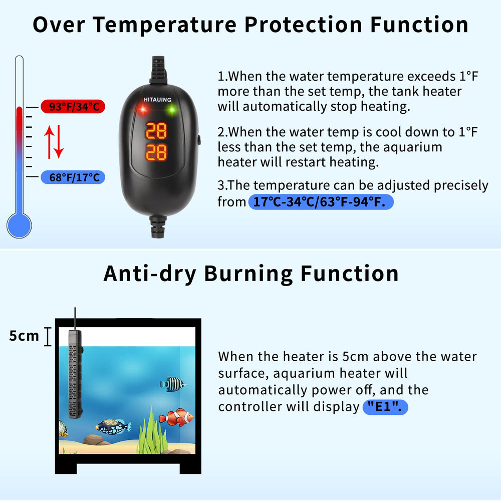 HiTauing calentador de acuario con sensor inteligente detecta ausencia de agua y detiene el calor.