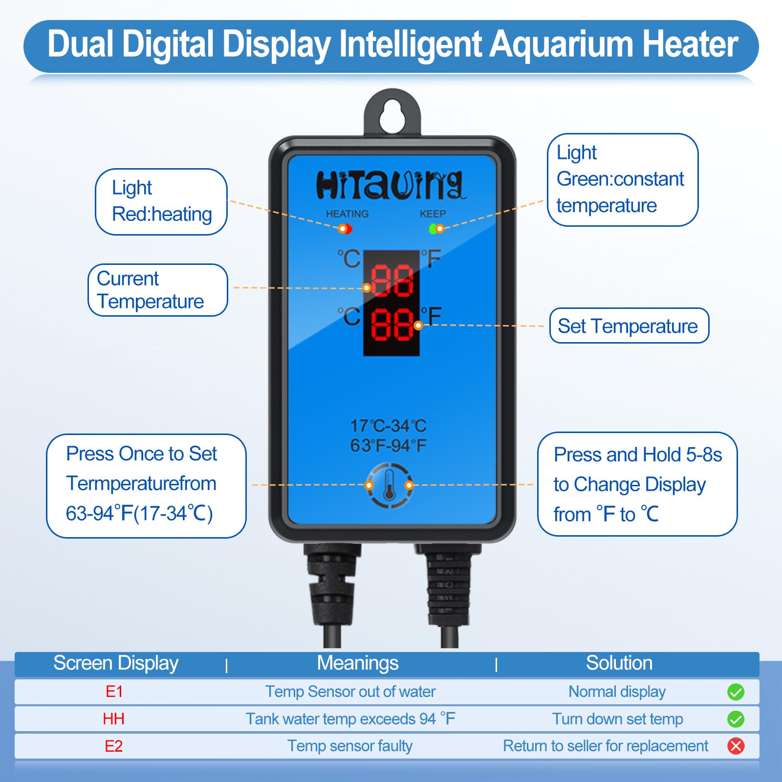 HiTauing termocalentador para acuario 500W, cuerpo de cuarzo resistente.