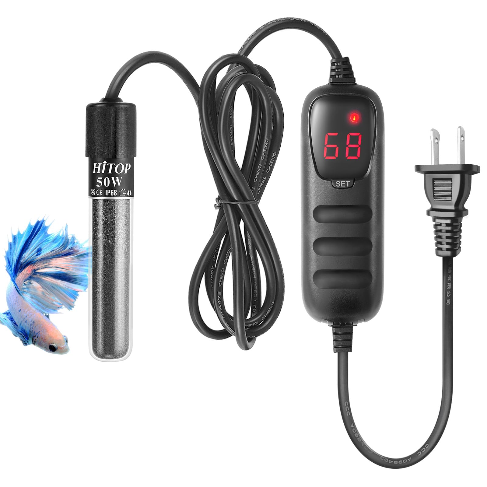 Hitop calentador sumergible 50W con pantalla LED para lectura fácil de temperatura.