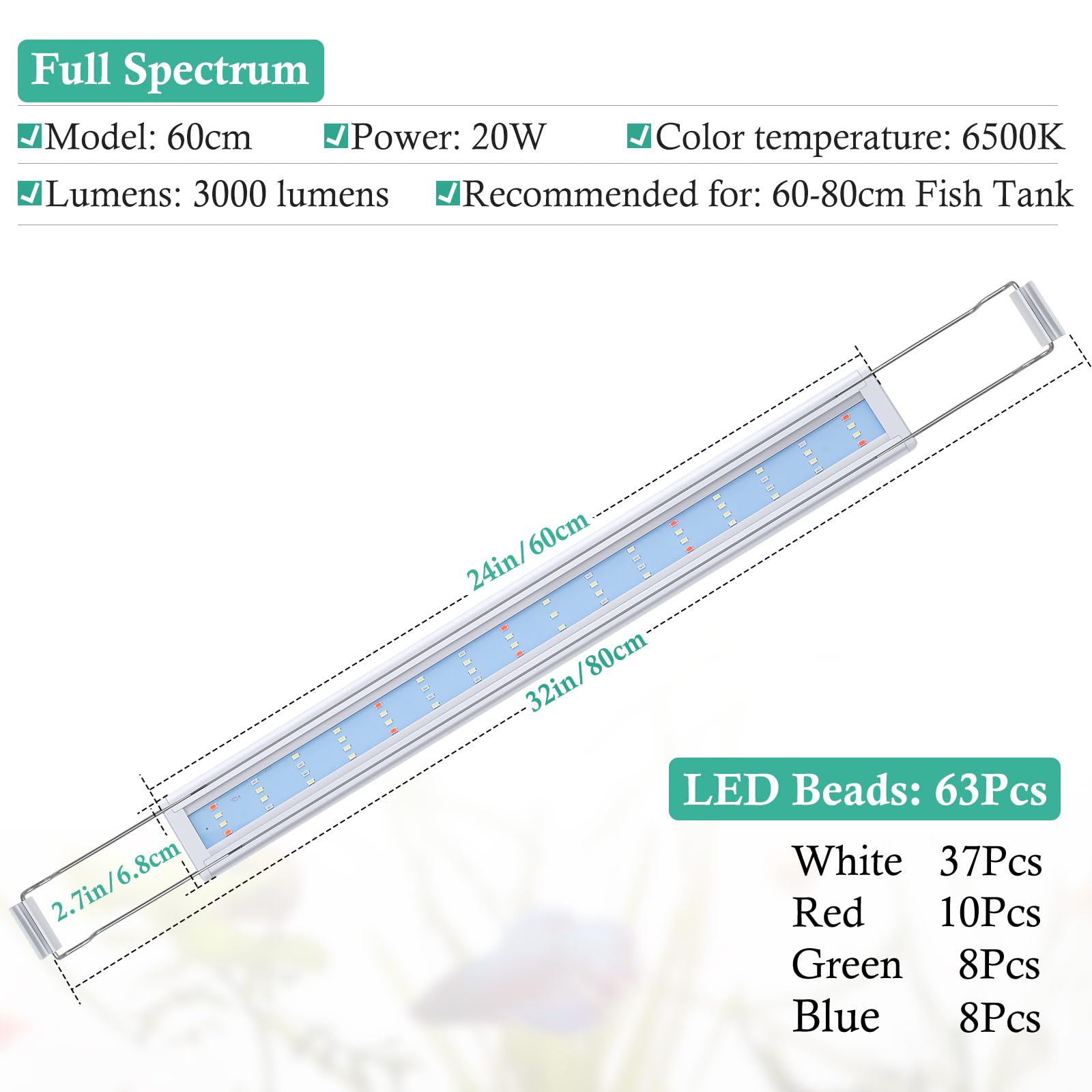 HITOP LED para acuario, 63 diodos WRGB, colores vivos