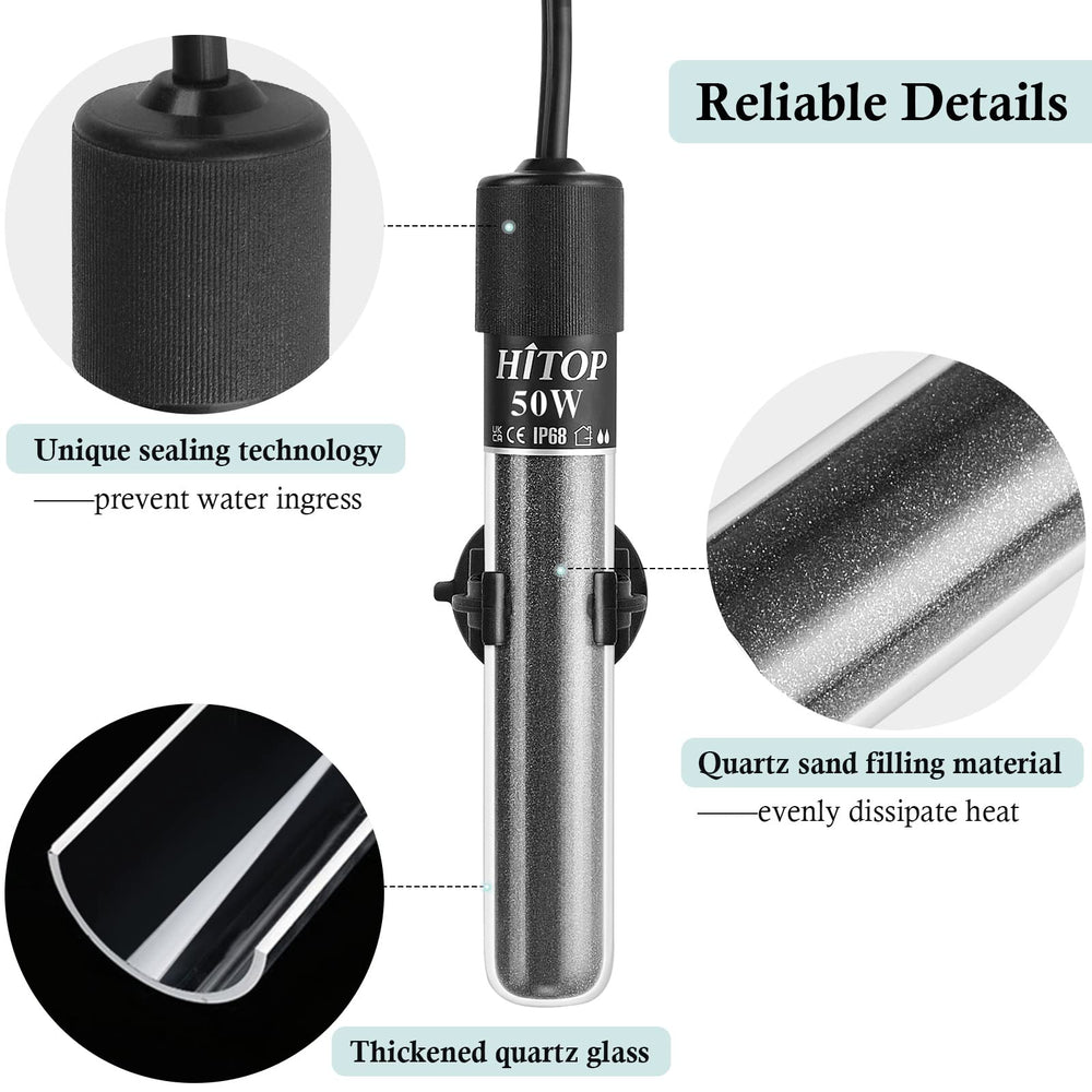 Hitop calentador 50W apto para agua salada o dulce en acuarios de 5-15 galones.