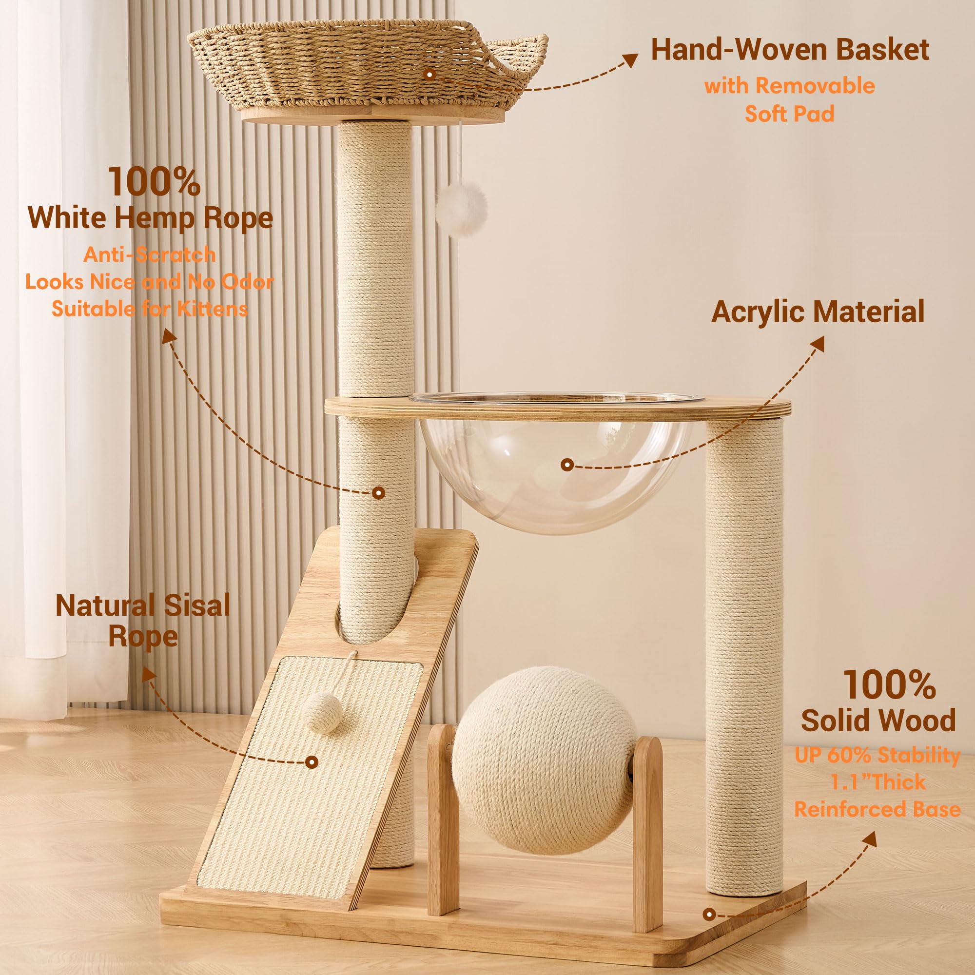 HITTITE poste rasca-gato sisal blanco, estructura estable para afilar uñas y jugar.