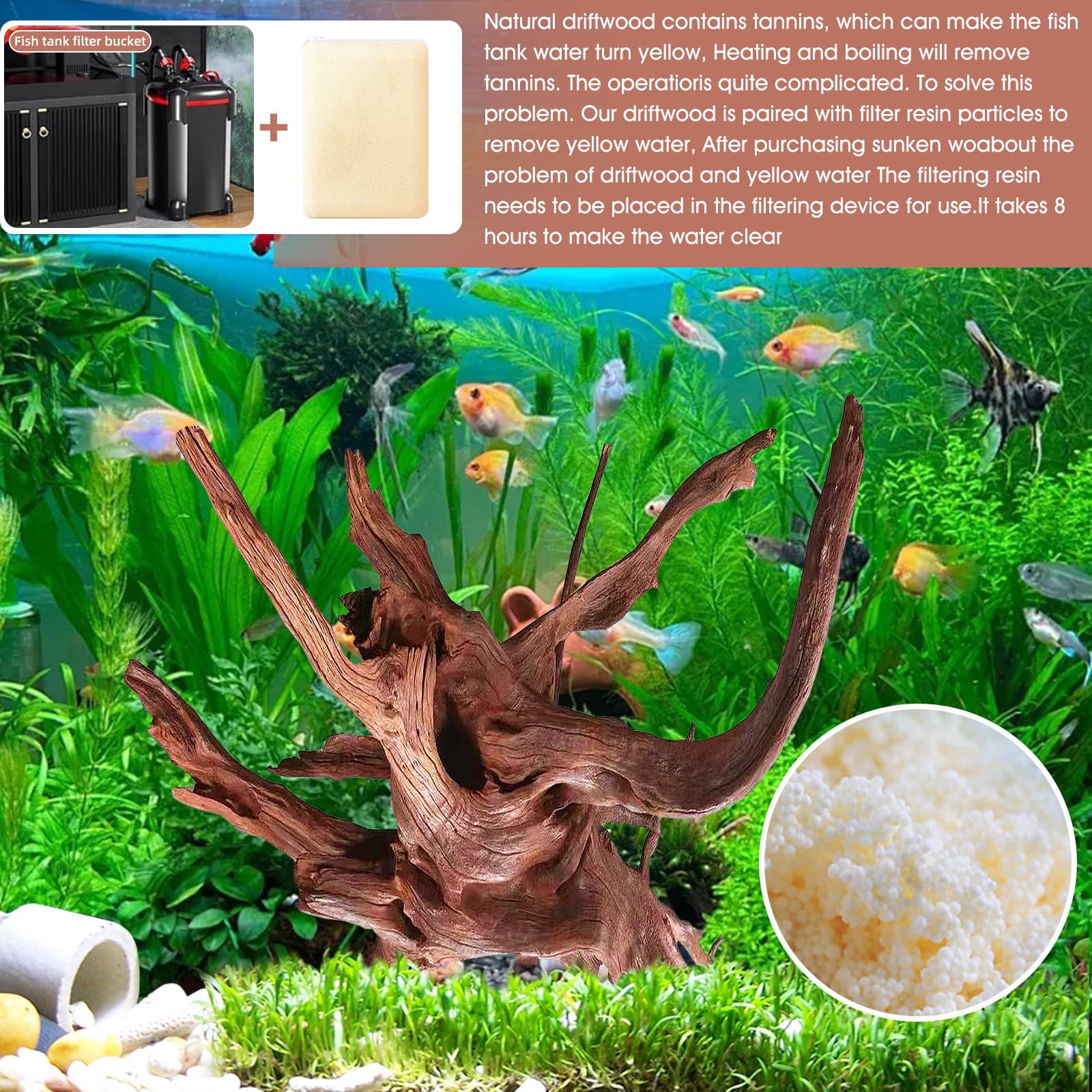 Hiwzitar robustez y durabilidad de madera flotante coralina para acuario.