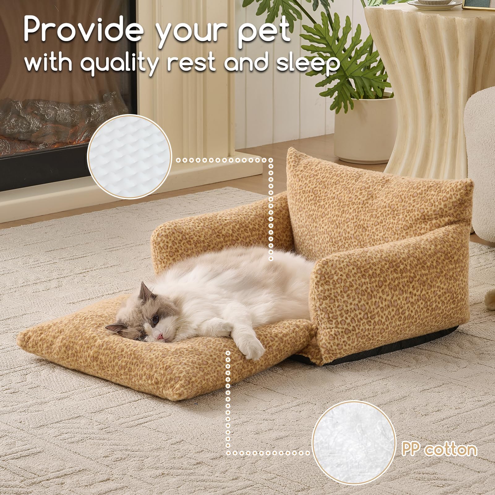Cama para gatos color amarillo leopardo con diseño alegre para el hogar.