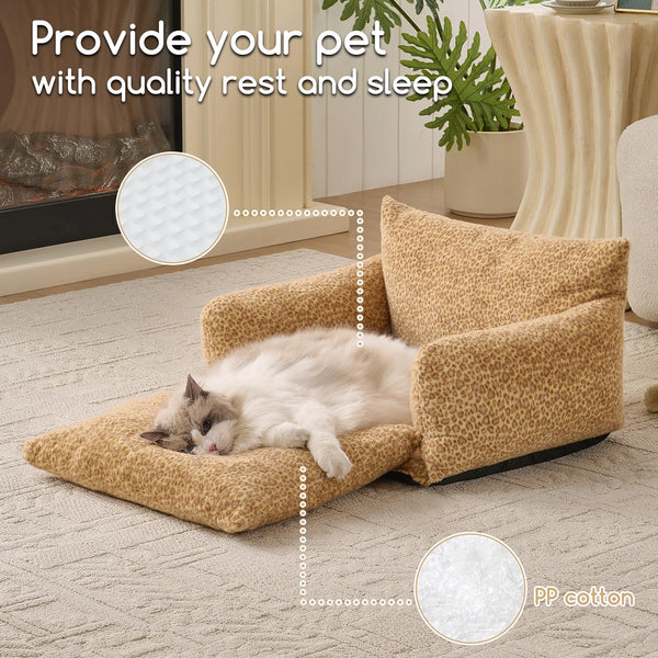 Cama para gatos color amarillo leopardo con diseño alegre para el hogar.