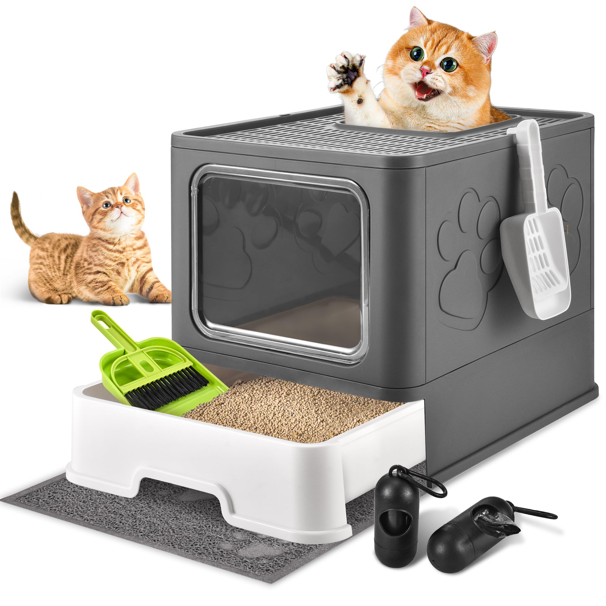 Homagico caja-arena-gatos-plegable gris: espacio amplio y privacidad para gatos.