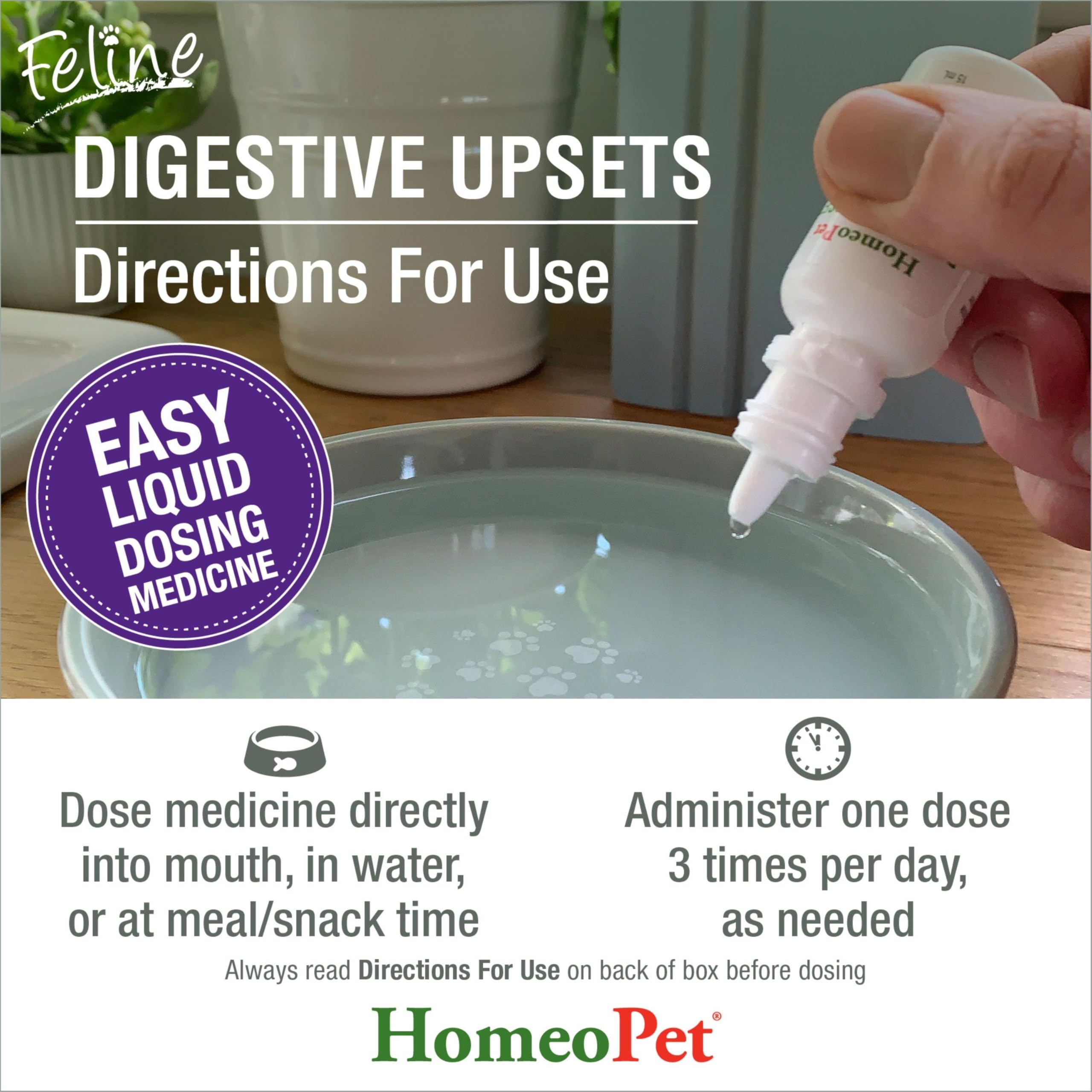 Dosis diaria recomendada con HomeoPet: agua o comida, tres veces al día.