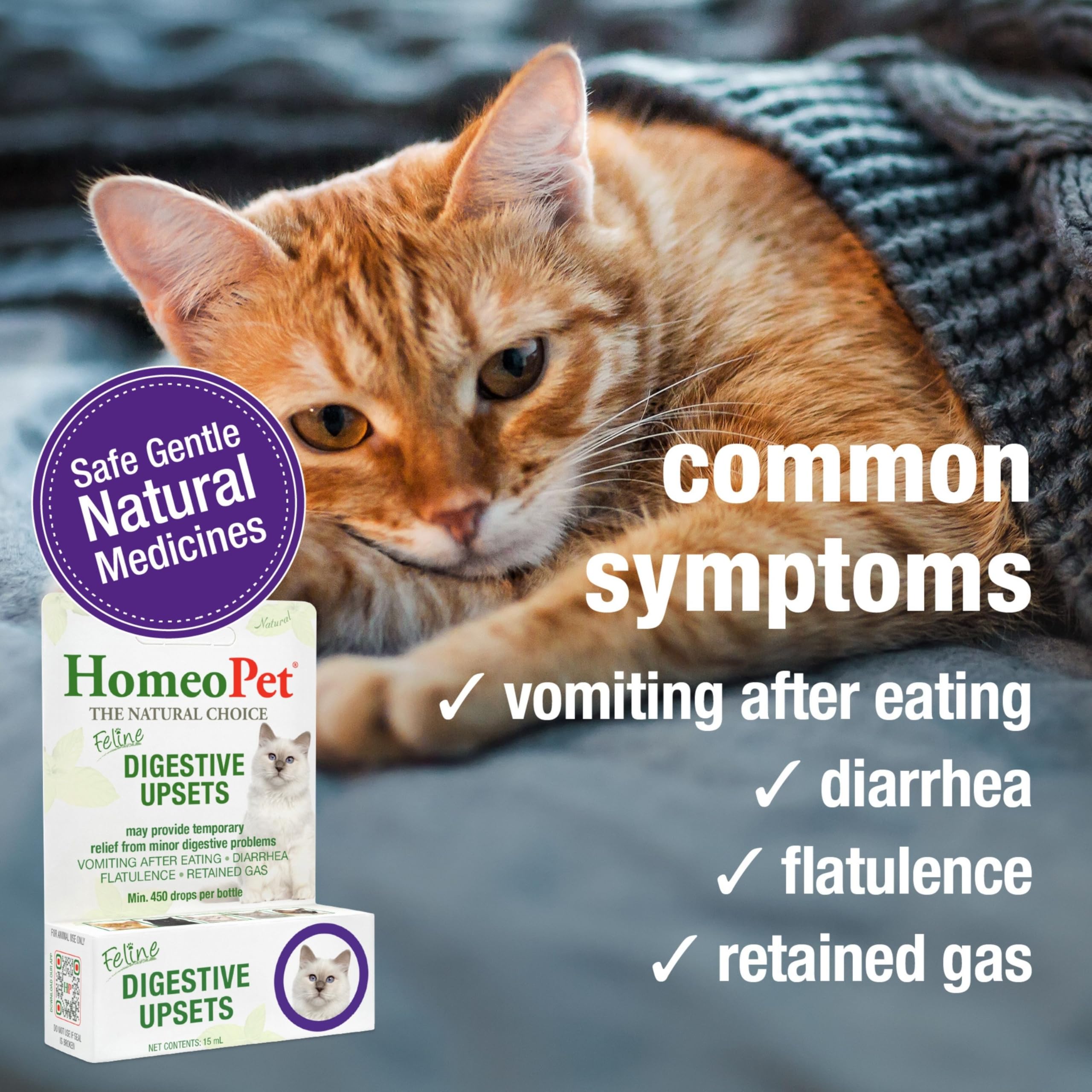 HomeoPet CHO04724: frasco morado listo para dosis en gatos con malestar digestivo.