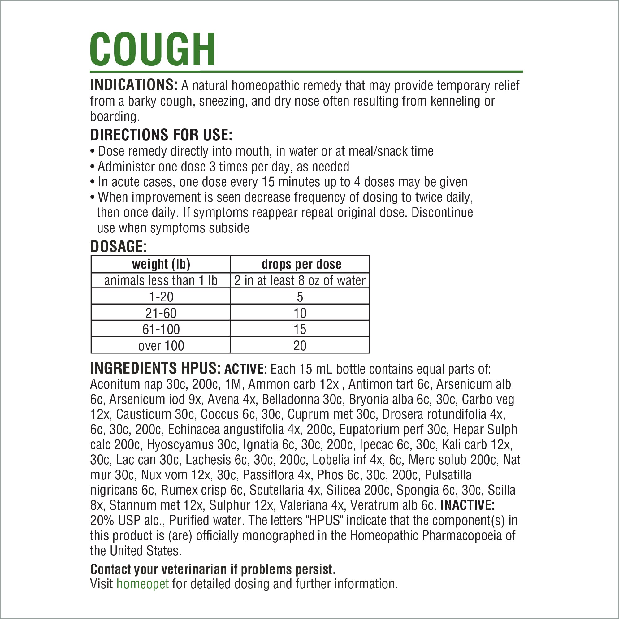 HomeoPet Cough etiqueta informativa facilita lectura rápida