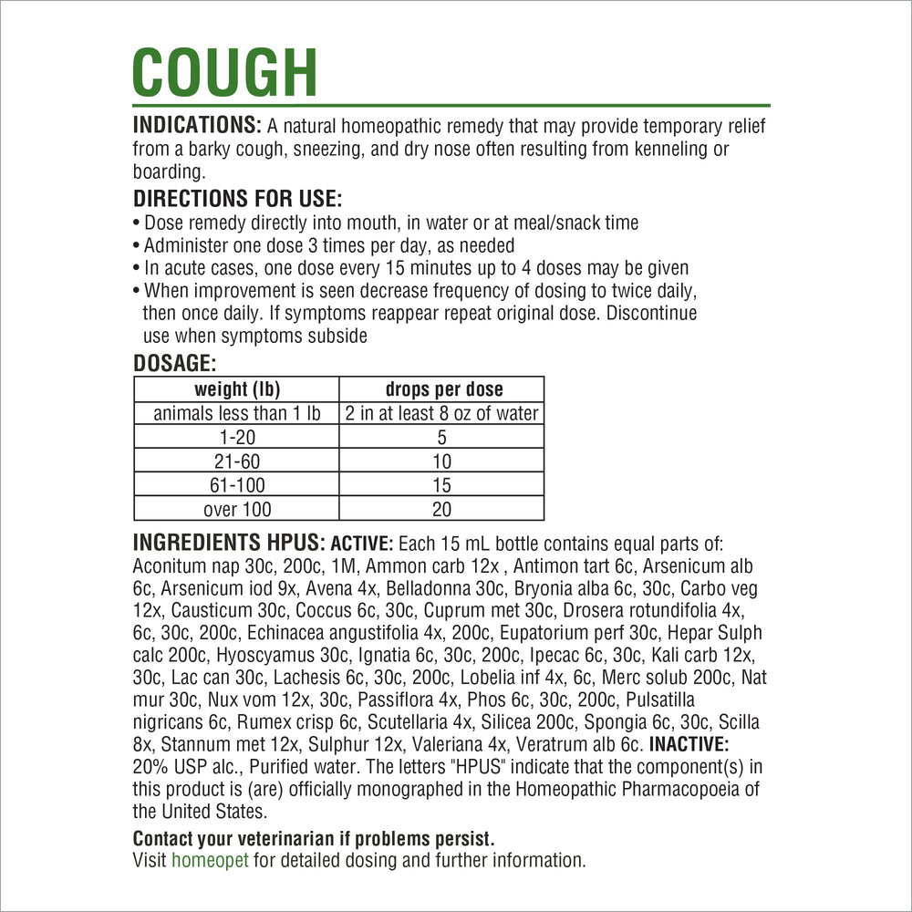 HomeoPet Cough etiqueta informativa facilita lectura rápida