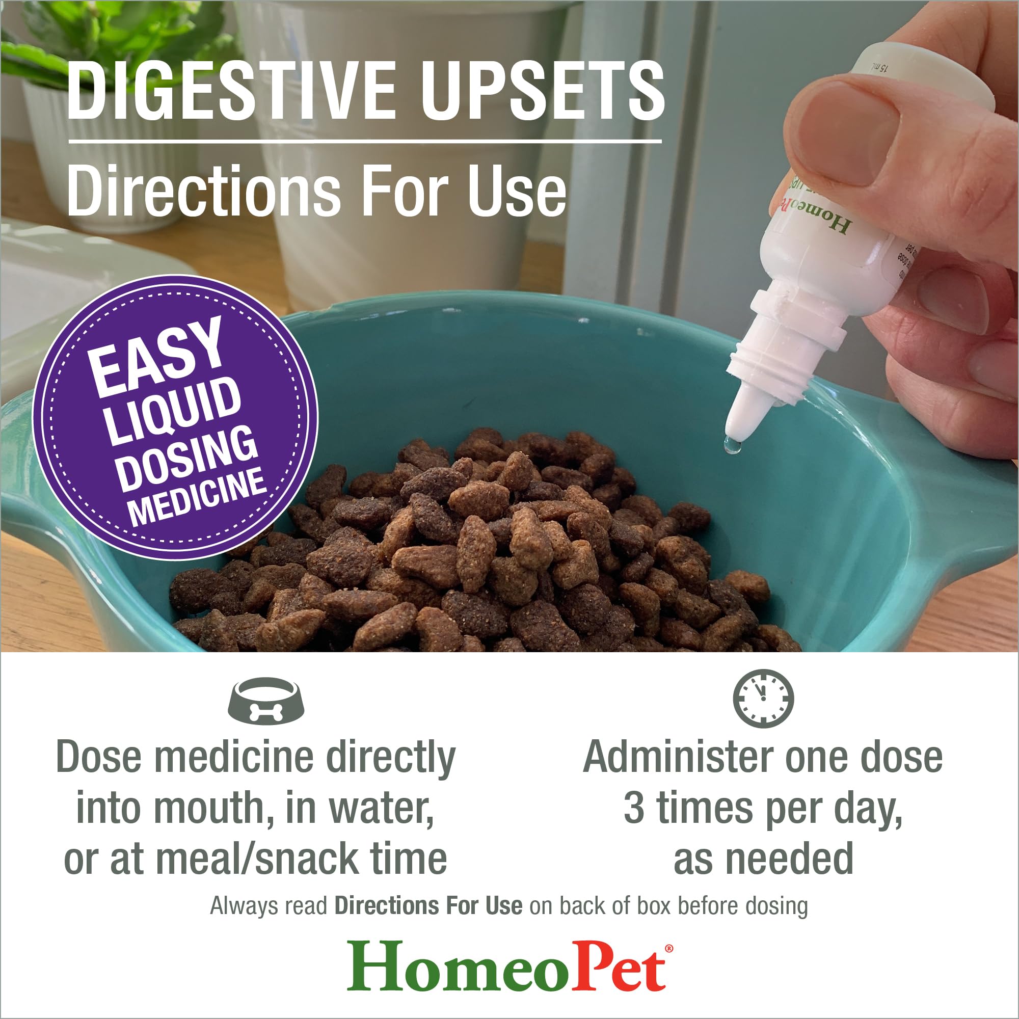 Homeopet Digestivos sistema de dosificación para tres tomas diarias.