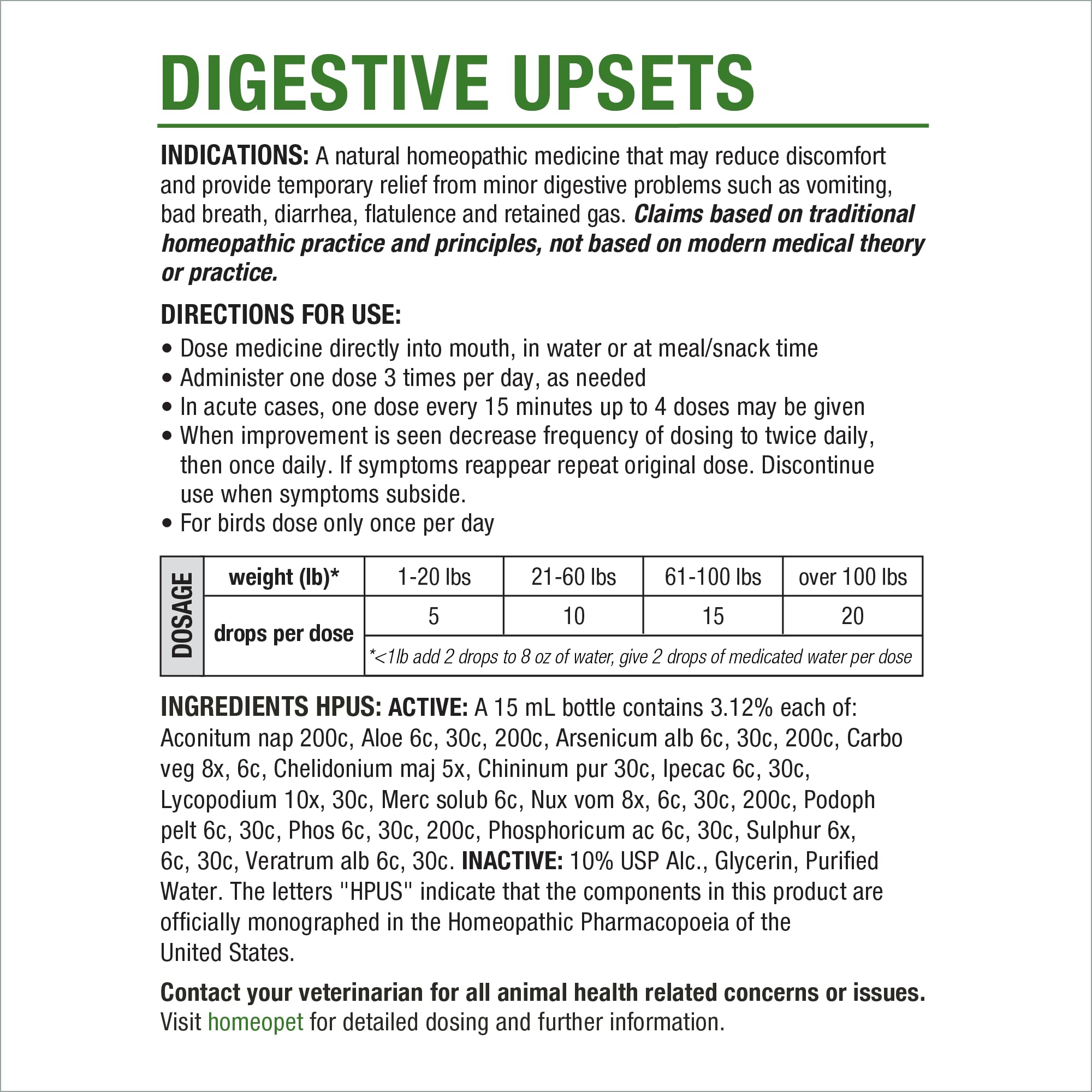 Homeopet Digestivos etiqueta clara con instrucciones para uso seguro.