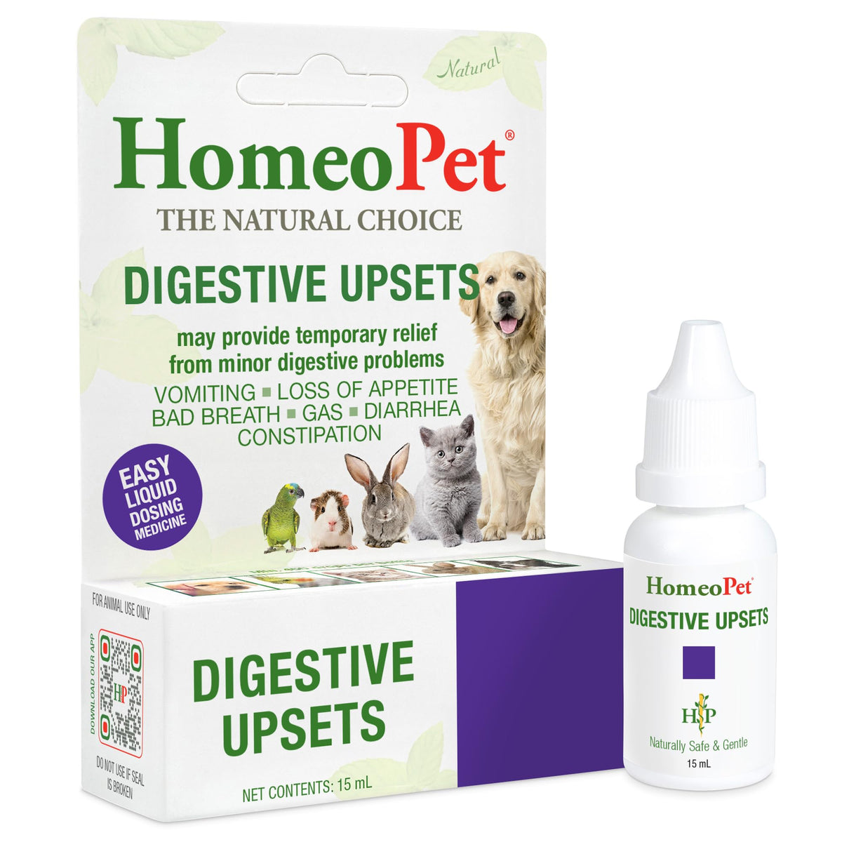 Homeopet Digestivos frasco de gotas para apoyo suave diario en mascotas.