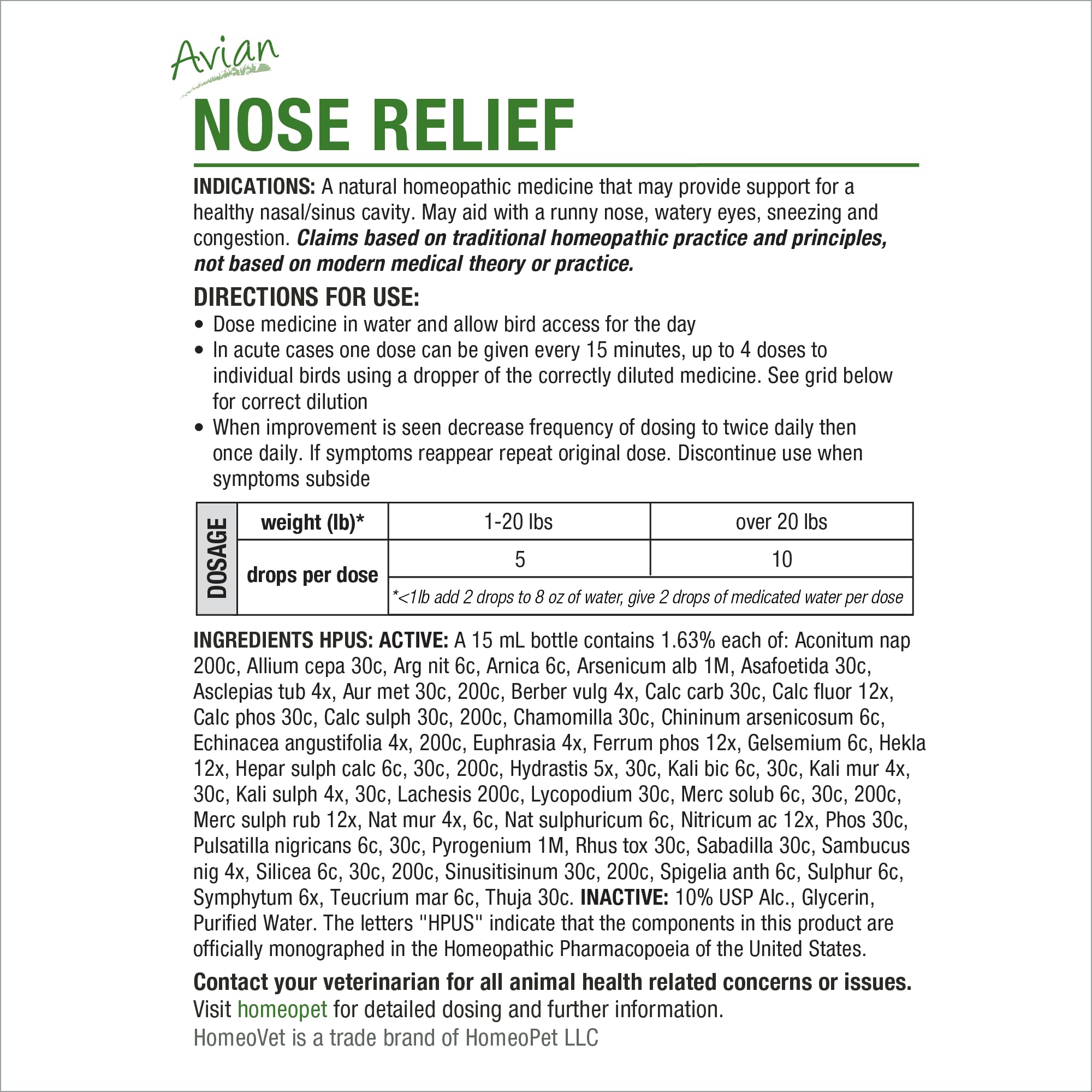 HomeoPet Avian Nose Relief: frasco de 15 ml para aves