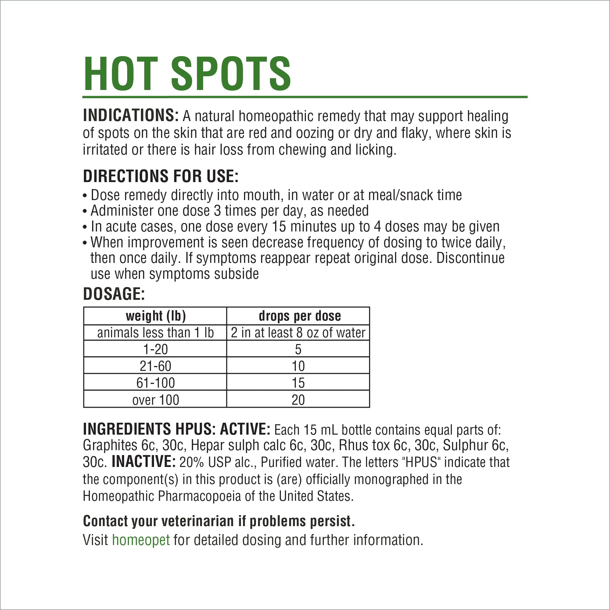 HomeoPet Hot Spots sin efectos conocidos para tranquilidad de los dueños.
