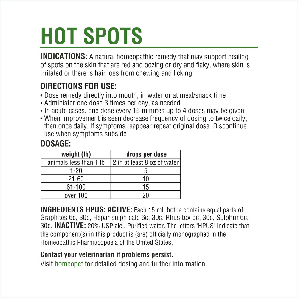 HomeoPet Hot Spots sin efectos conocidos para tranquilidad de los dueños.