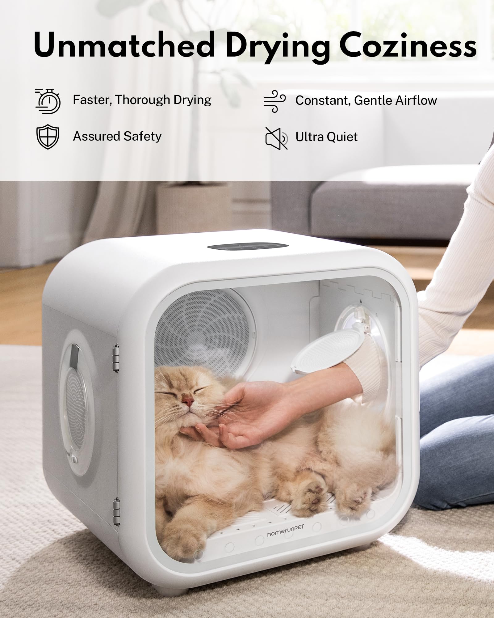 HomeRunPet Drybo Plus: funcionamiento silencioso para sesiones de secado tranquilas.
