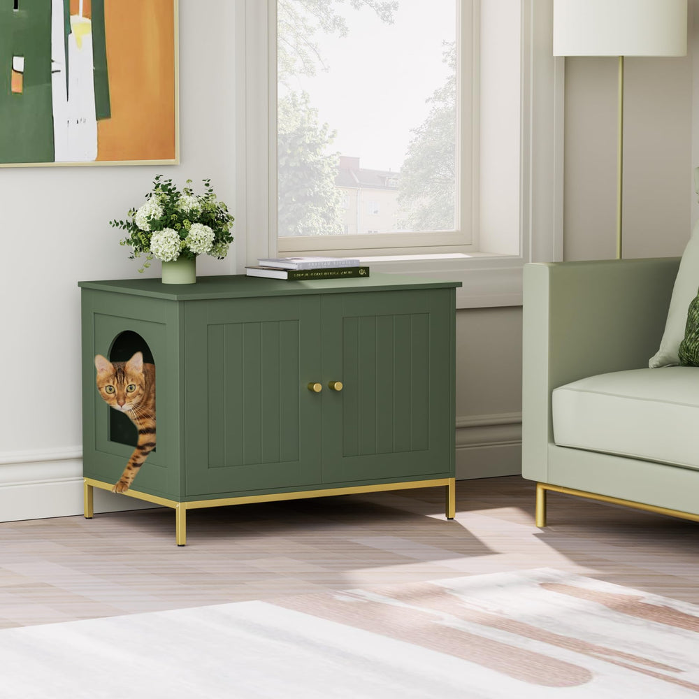 Homhedy acabado verde-dorado, estilo moderno que encaja en espacios pequeños.