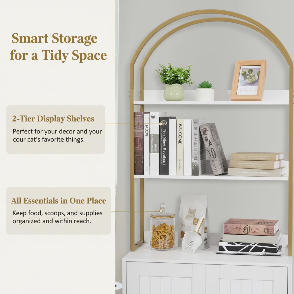 Homhedy mueble para gato, acabado blanco y dorado, estilo moderno y elegante.