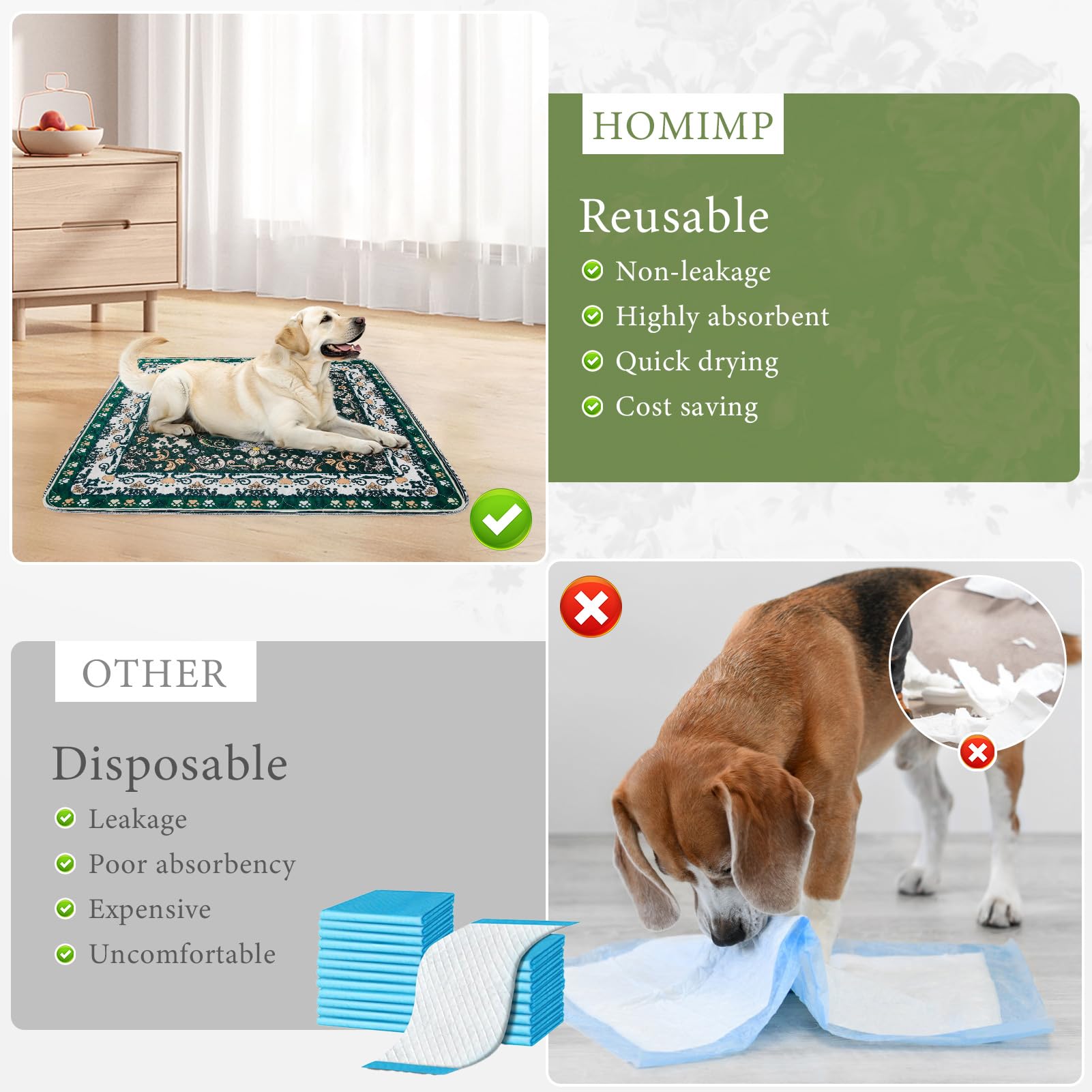 Protección de suelo Homimp, tapete verde para mascotas y limpieza fácil