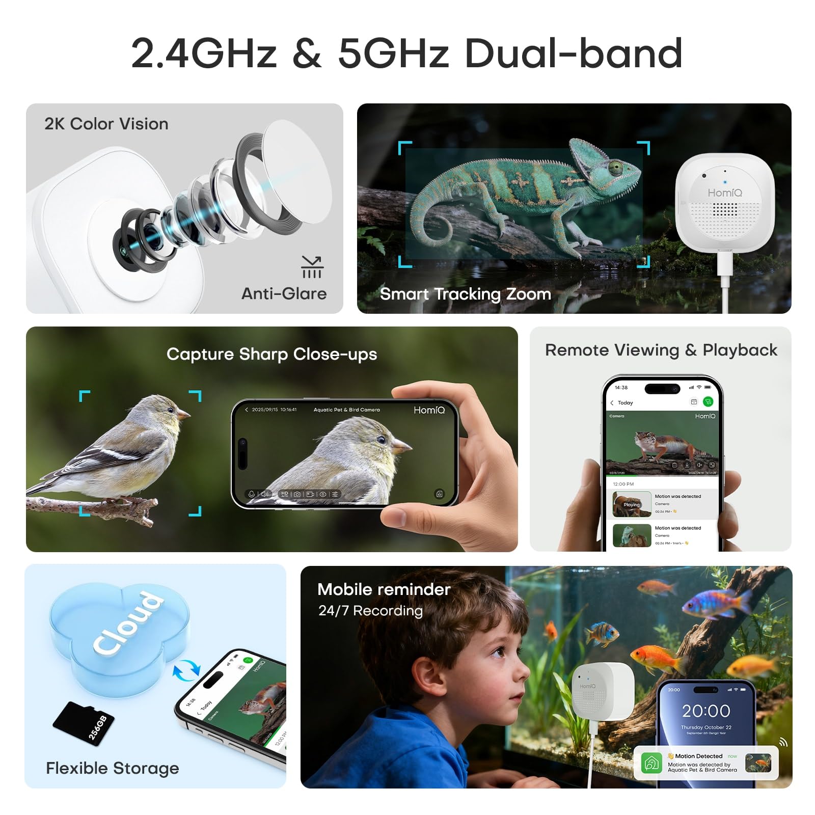 Cámara HomiQ Aquarium 3MP alerta de movimiento IA para recibir notificaciones instantáneas