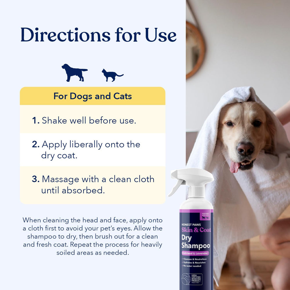 Honest Paws Champú Seco para Perros aroma suave de lavanda.