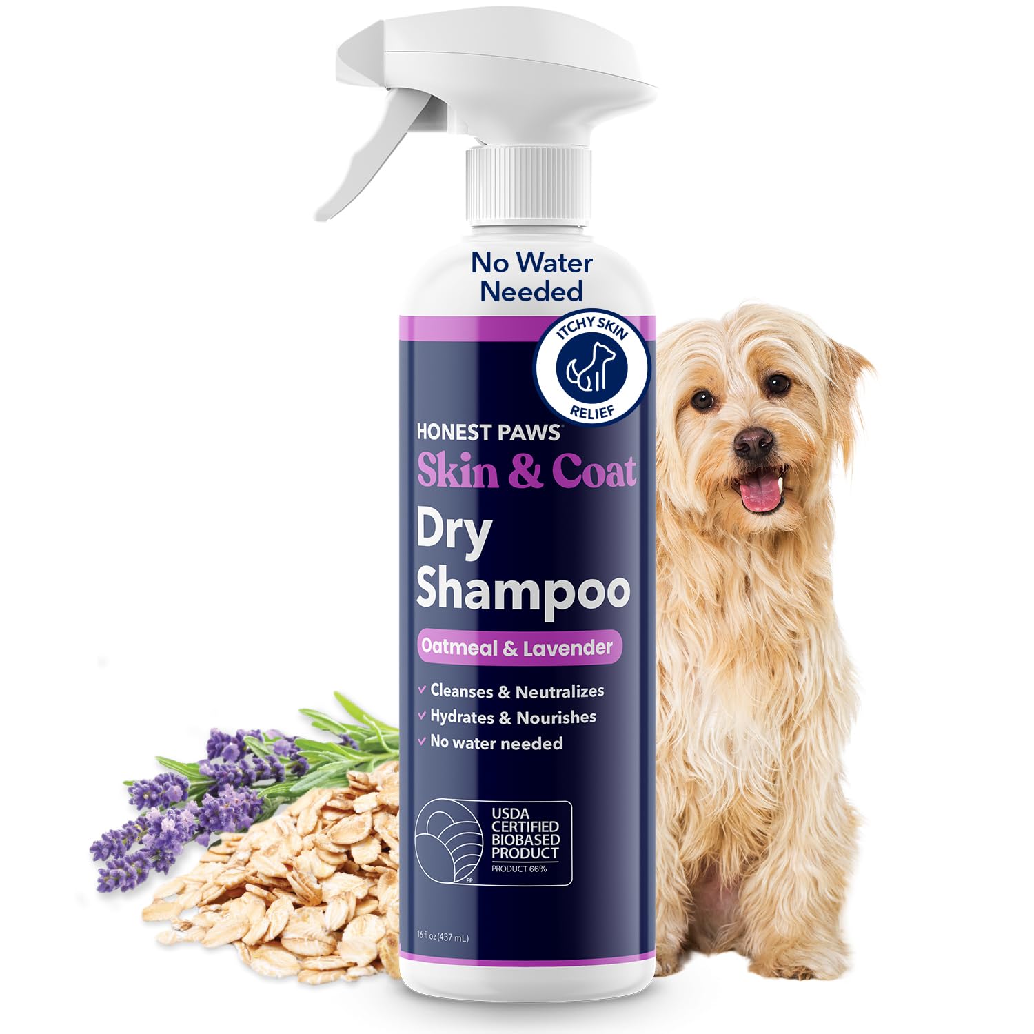 Honest Paws Champú Seco para Perros envase 473 ml, listo para uso entre baños.