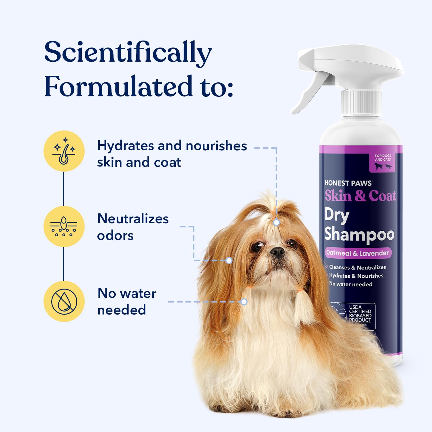 Honest Paws Champú Seco para Perros, rociado en el pelaje para limpieza rápida.