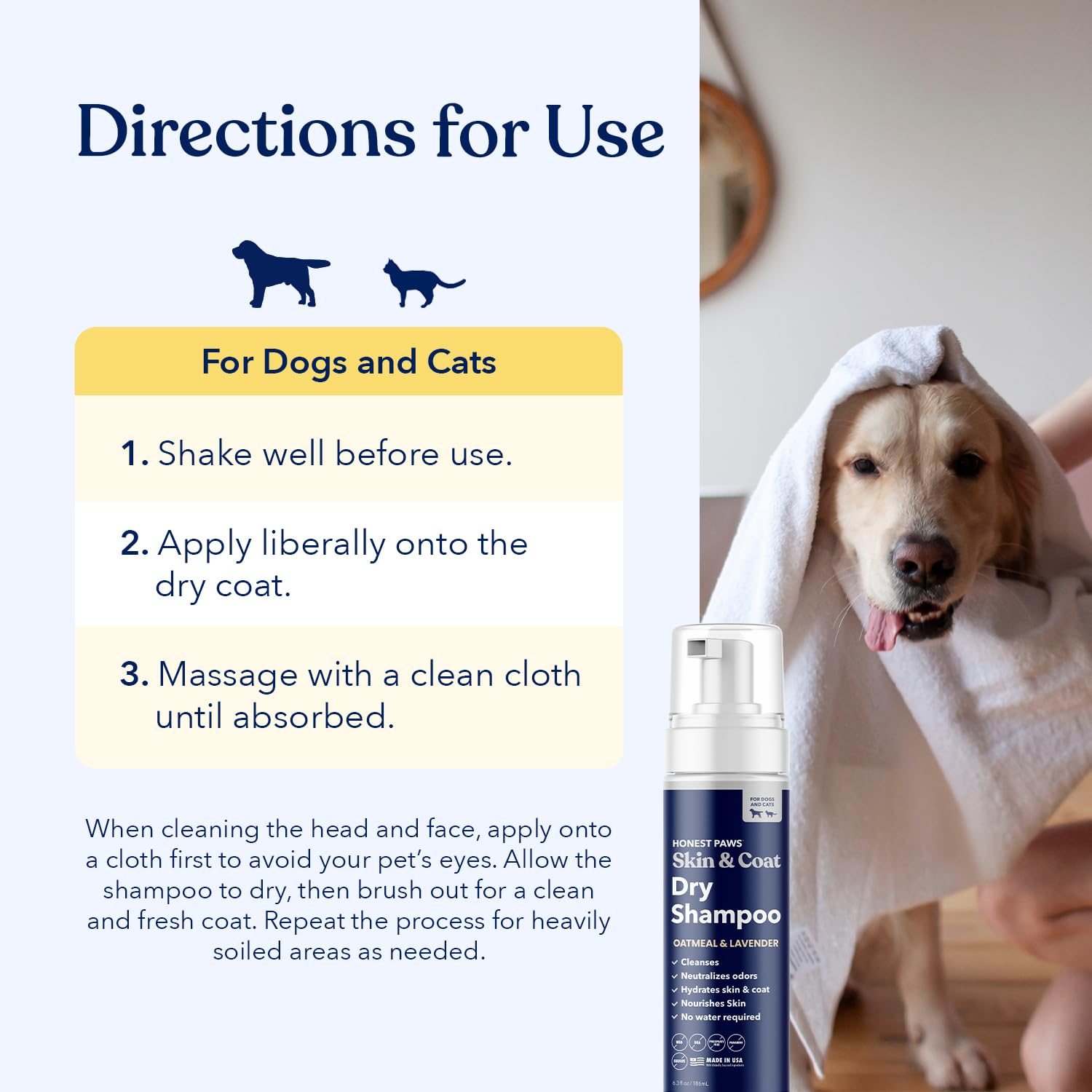 Honest Paws Champú en seco reduce olor entre baños.