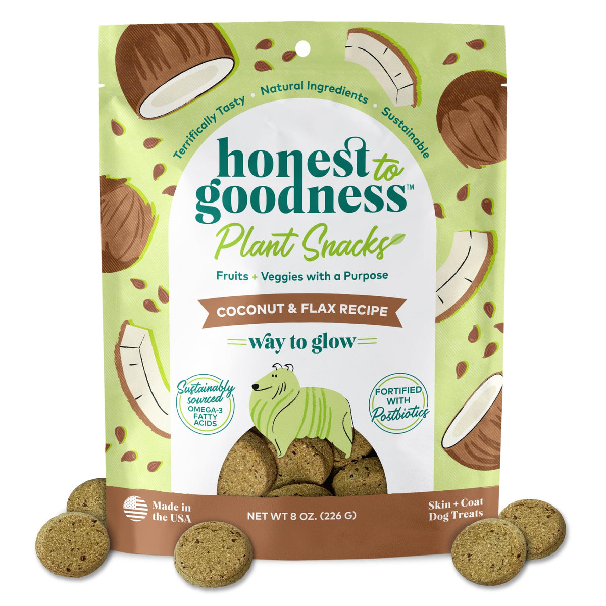 Honest to Goodness Plant Snacks: bolsa frontal con logo, premio saludable para perros