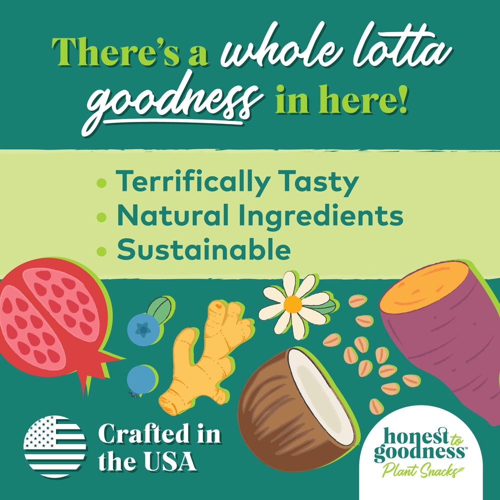 Honest to Goodness Plant Snacks, primer plano de ingredientes naturales y frescura.