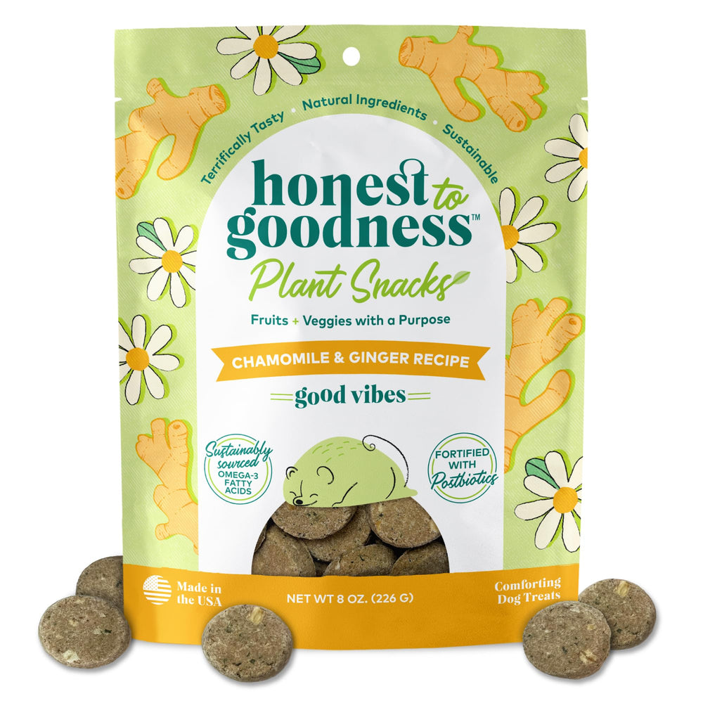 Honest to Goodness Plant Snacks muestra empaque con manzanilla y jengibre para perros.