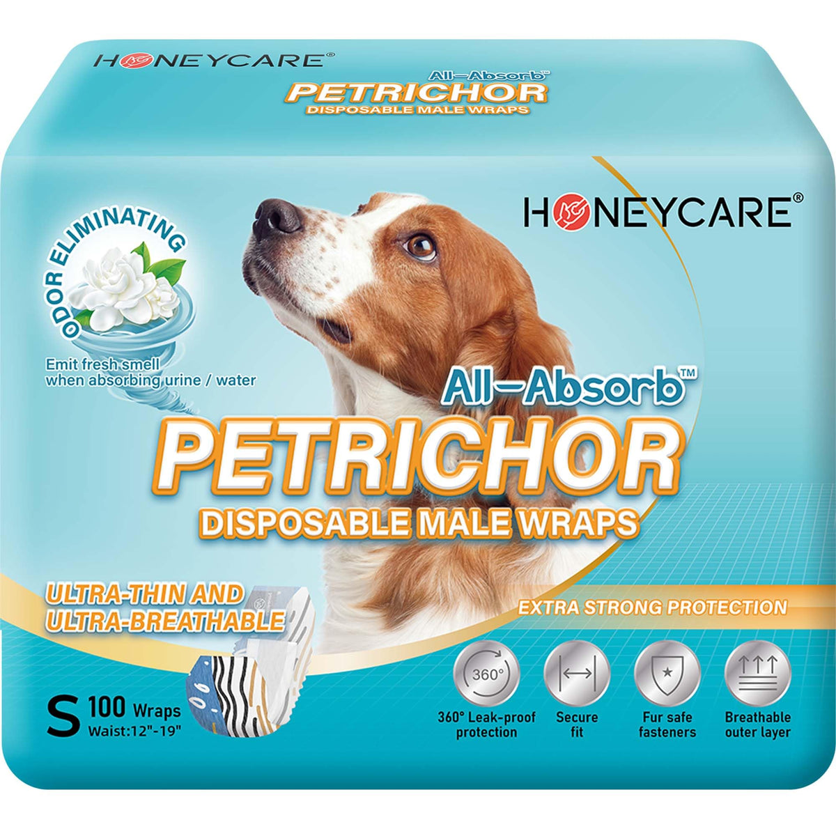 HONEY CARE All-Absorb Petrichor Wrap frente, comodidad para paseos y control de fugas