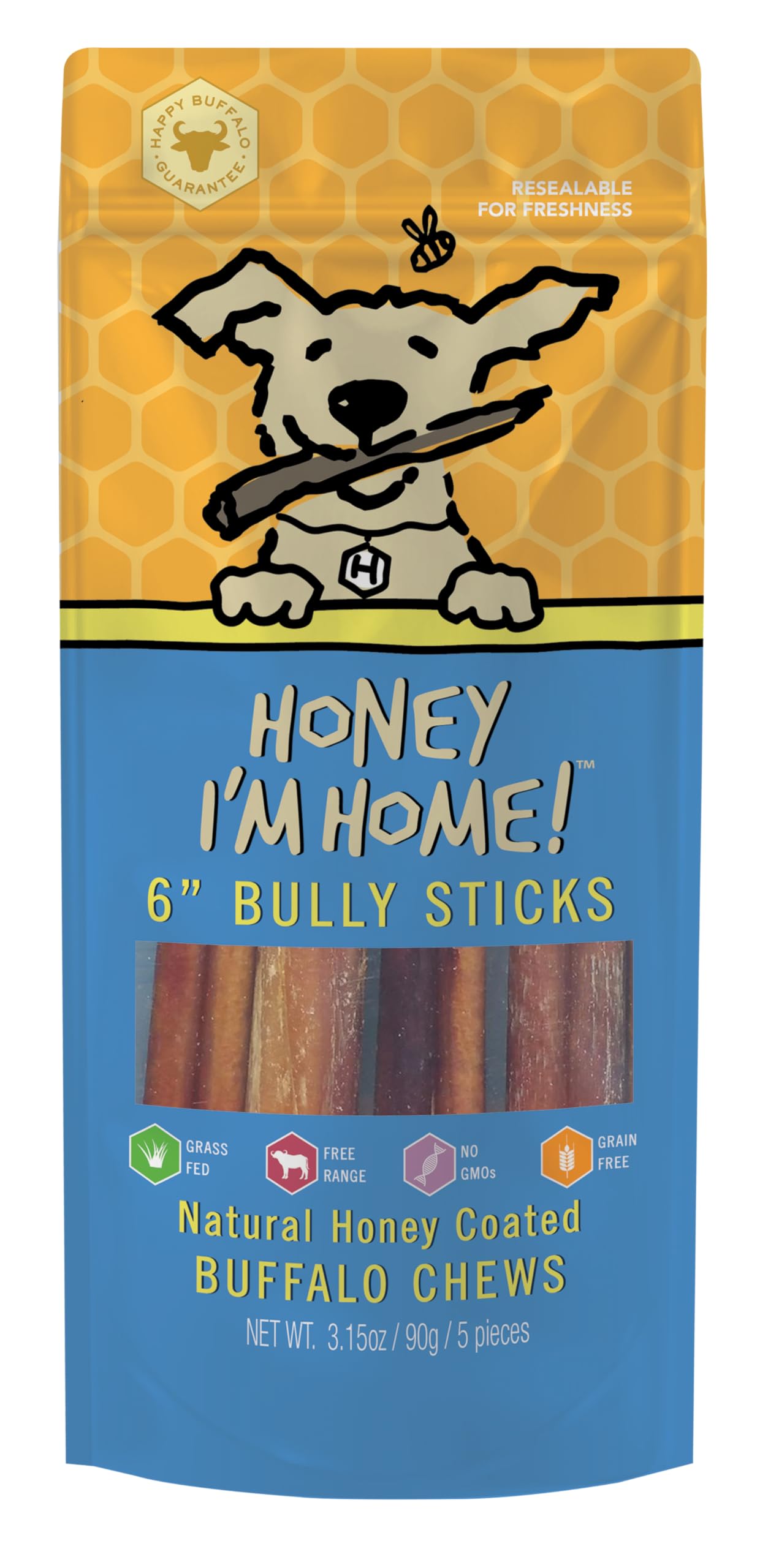 Honey I'm Home palitos bully buffalo 6 pulgadas, 5 piezas para masticación saludable.
