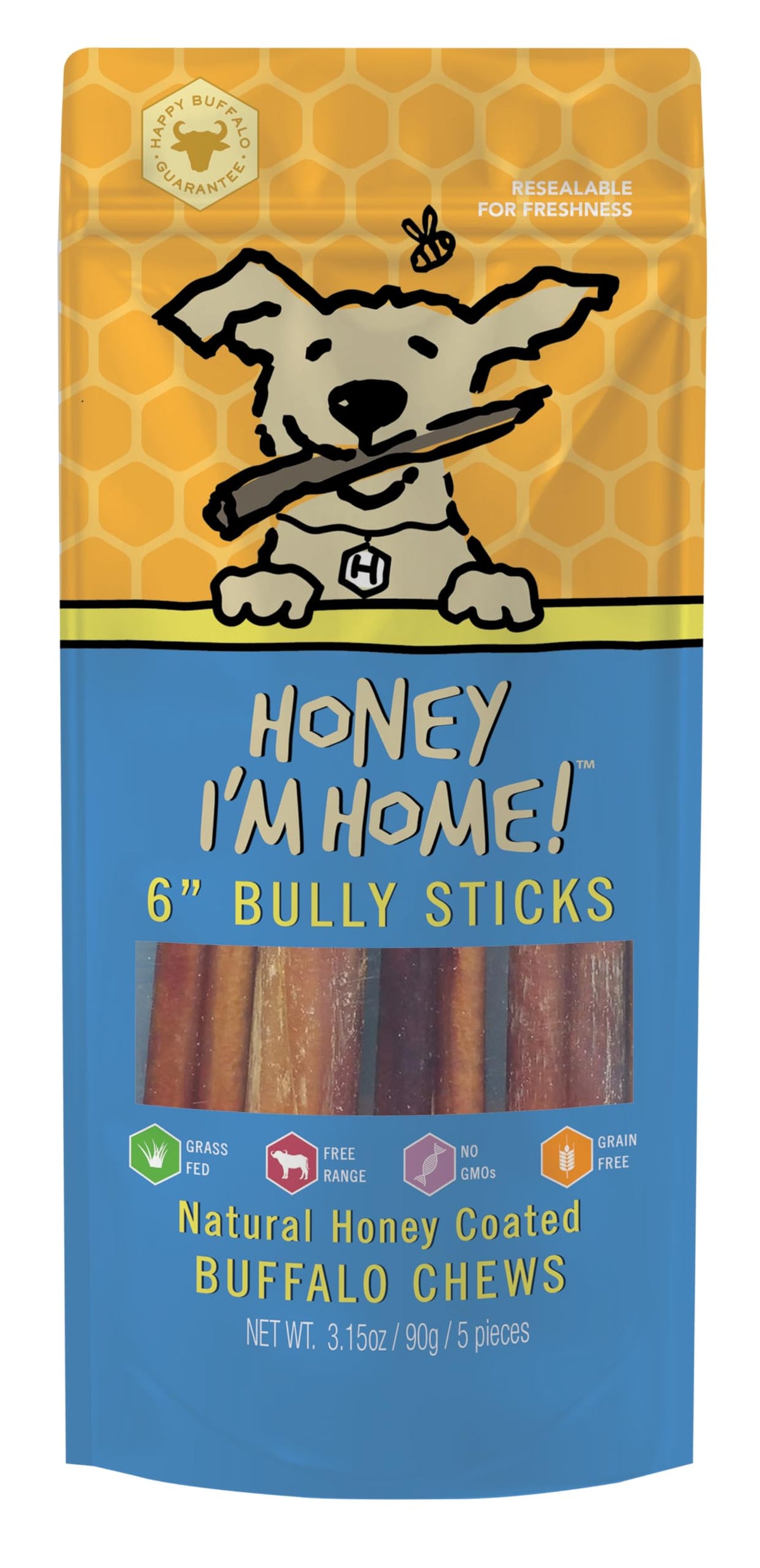 Honey I'm Home palitos bully buffalo 6 pulgadas, 5 piezas para masticación saludable.