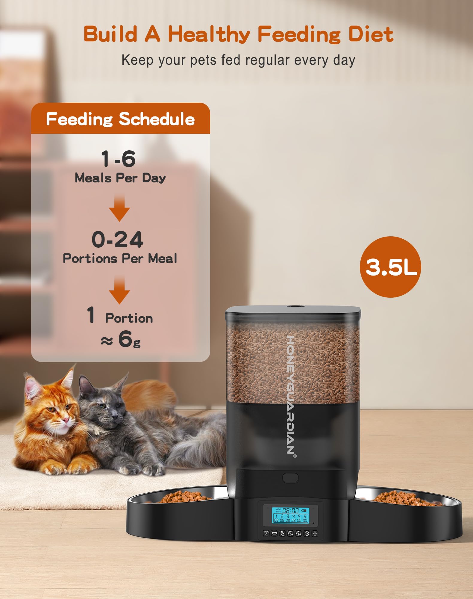 HoneyGuaridan alimentador felino con control de tiempo para programar tomas.