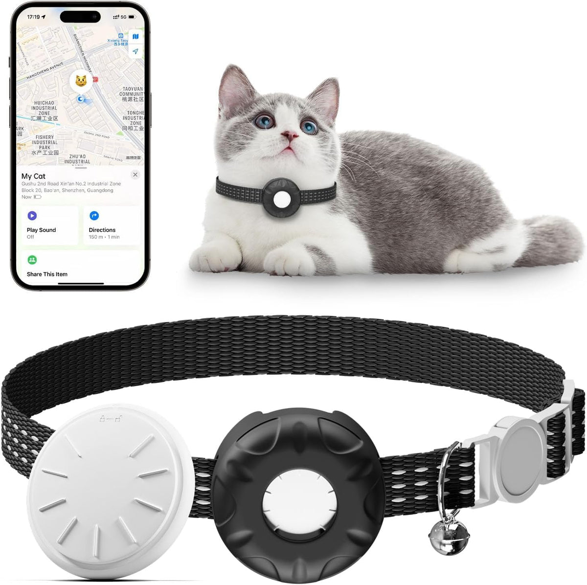HongTop H Cat Tracker collar negro, ligero y cómodo para uso diario.