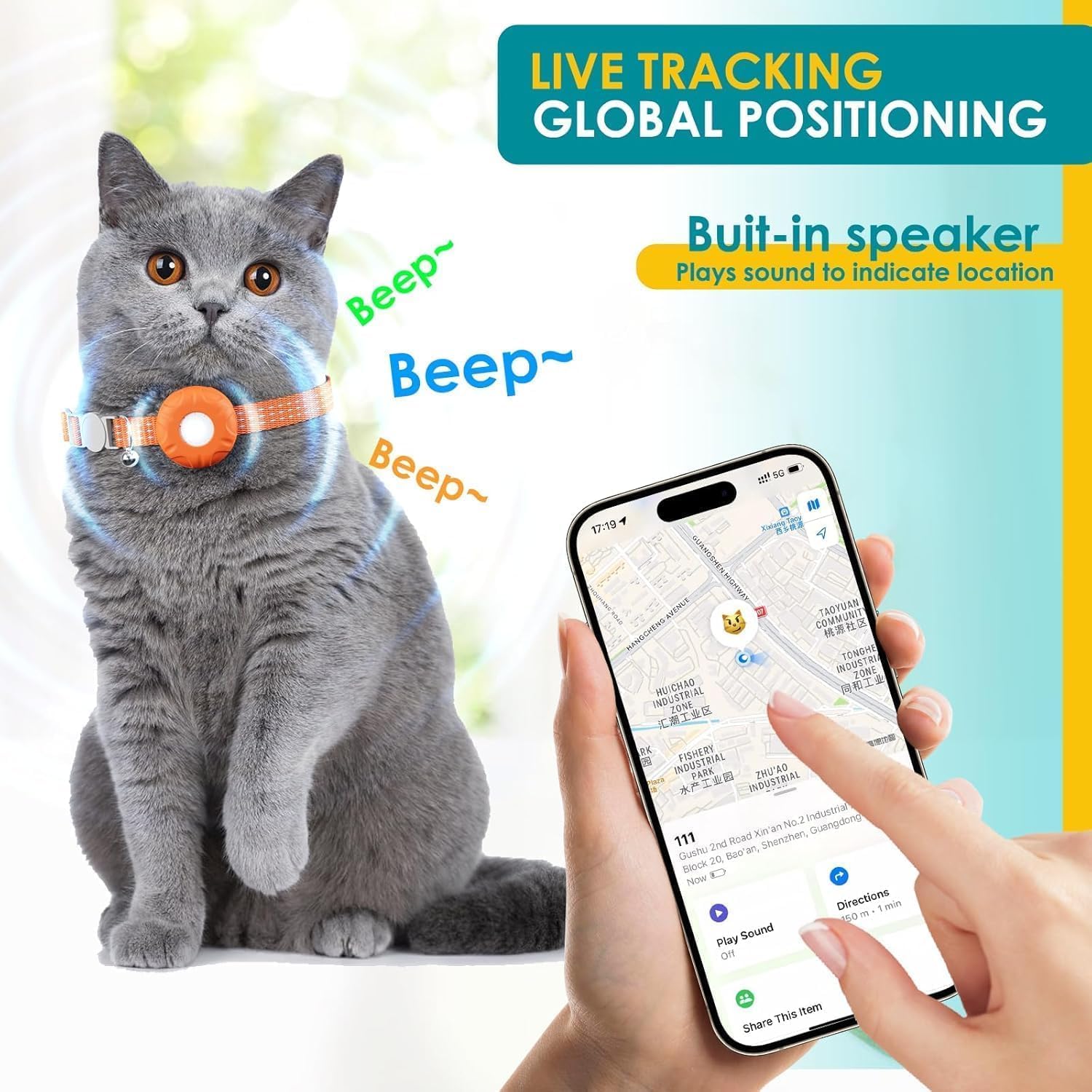 Rastreador de gato HONGTOP H con alarma sonora para llamar la mascota.