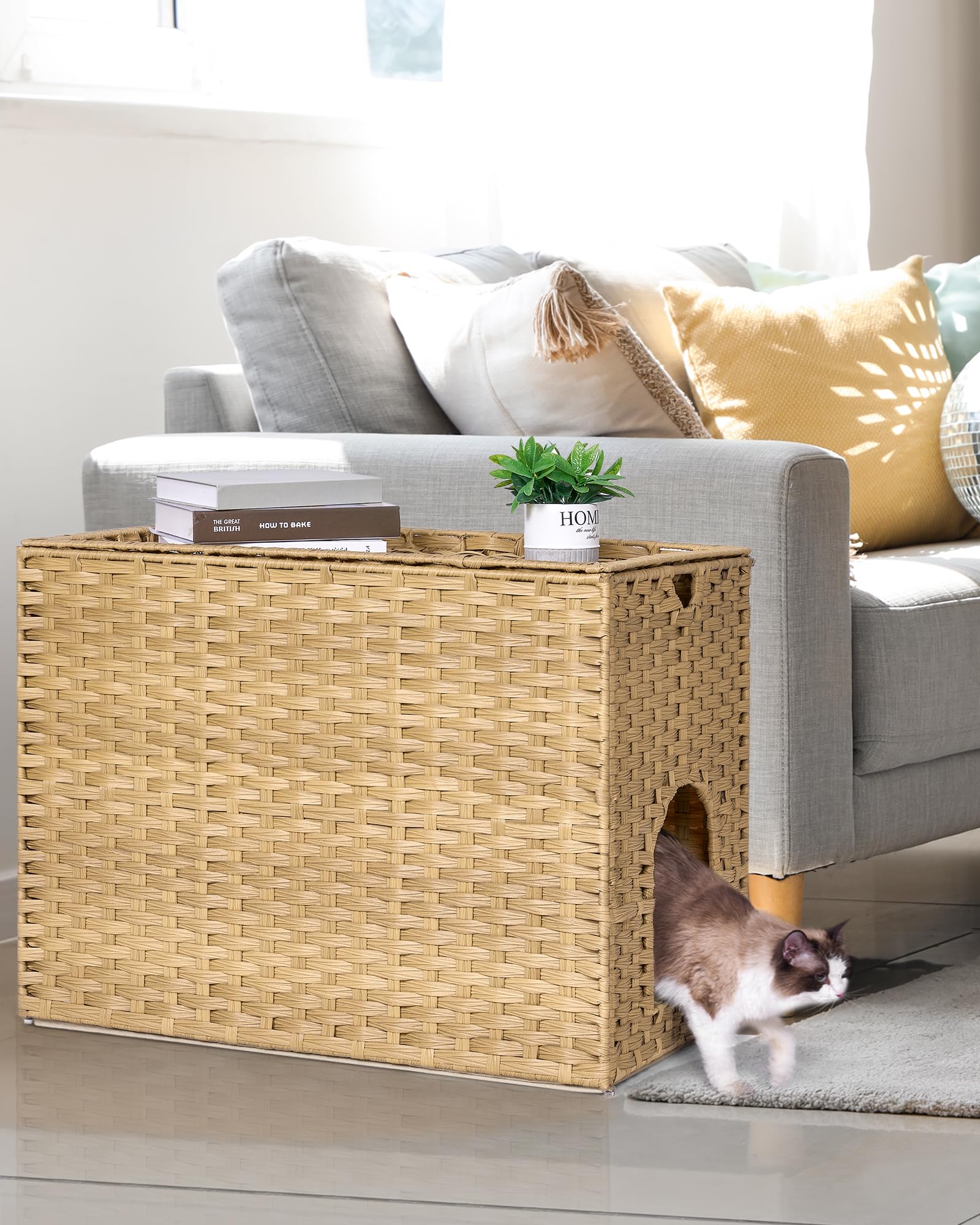 Honiakaka casita gato tejida a mano en plástico rattan, estilo bohemio.