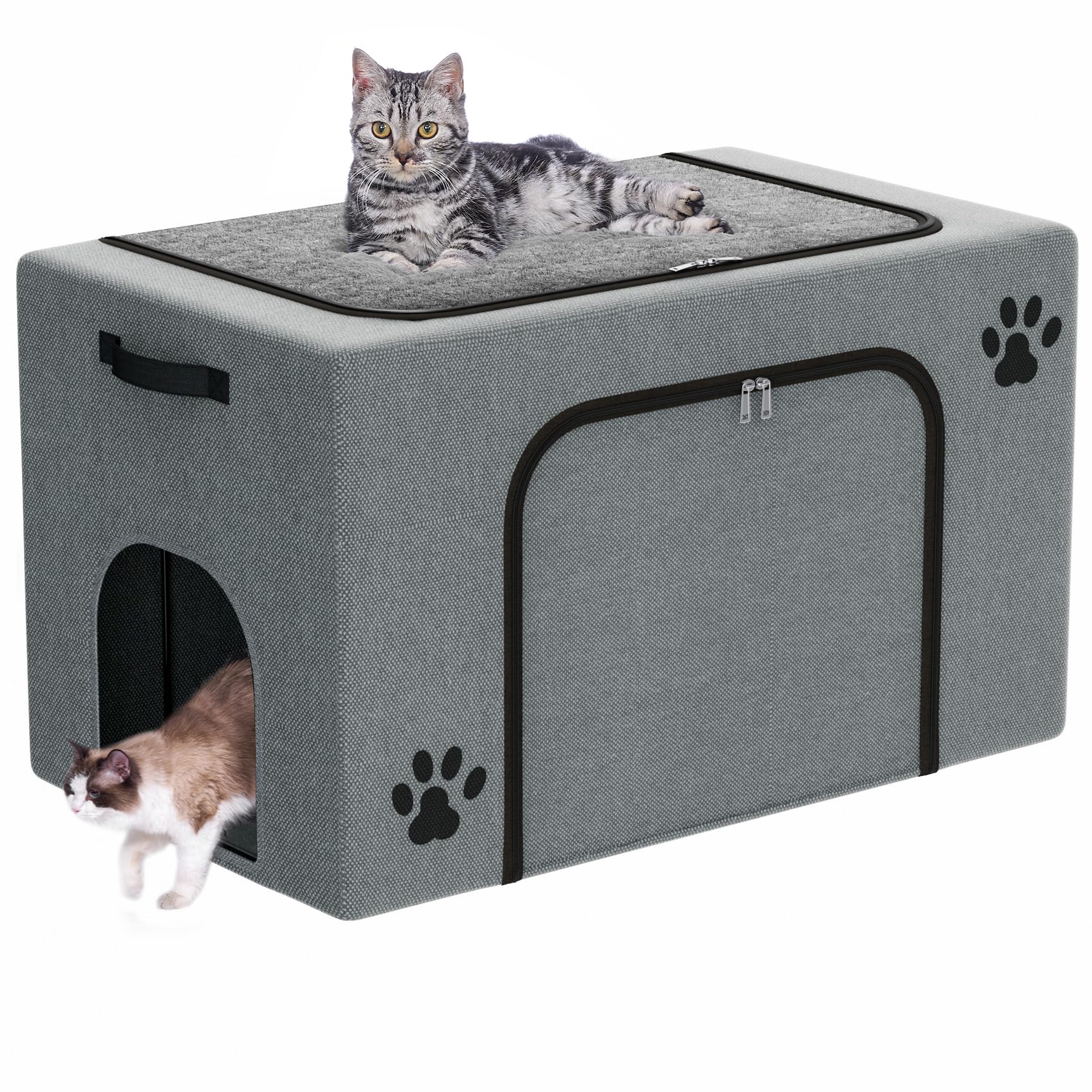 Honiakaka recinto-caja-arena con cama de gato, vista frontal para mayor orden y confort.