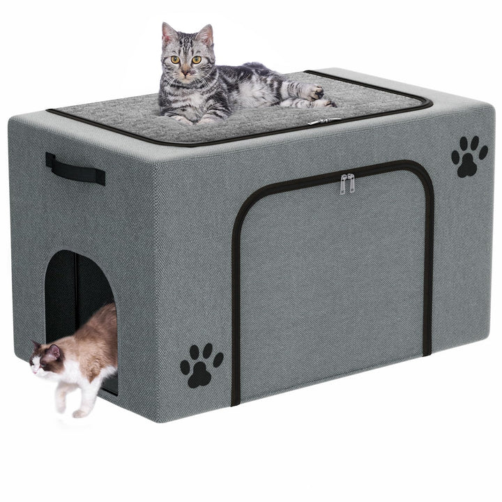 Honiakaka recinto-caja-arena con cama de gato, vista frontal para mayor orden y confort.