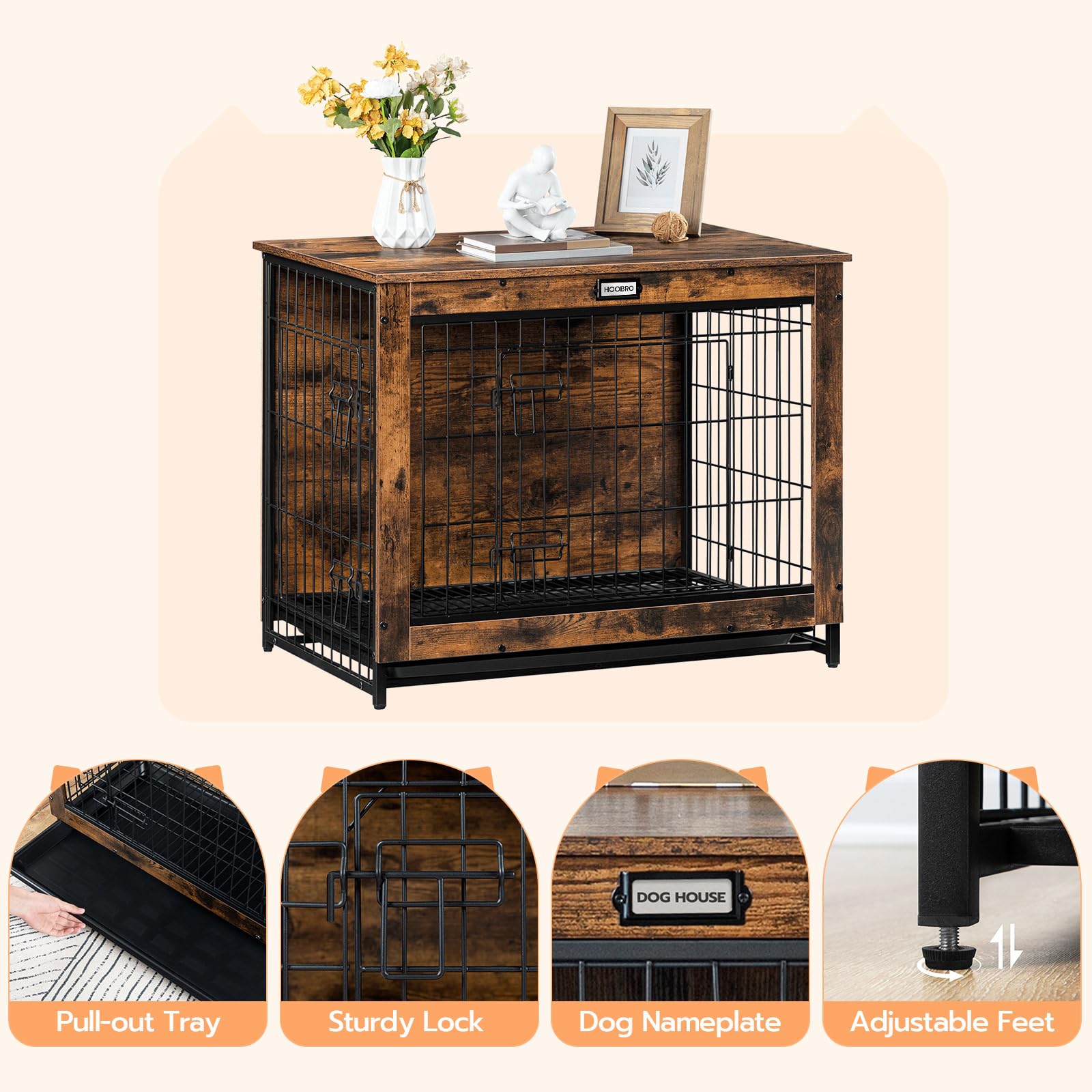 HOOBRO caja para perros, tono marrón rústico para salón o dormitorio.