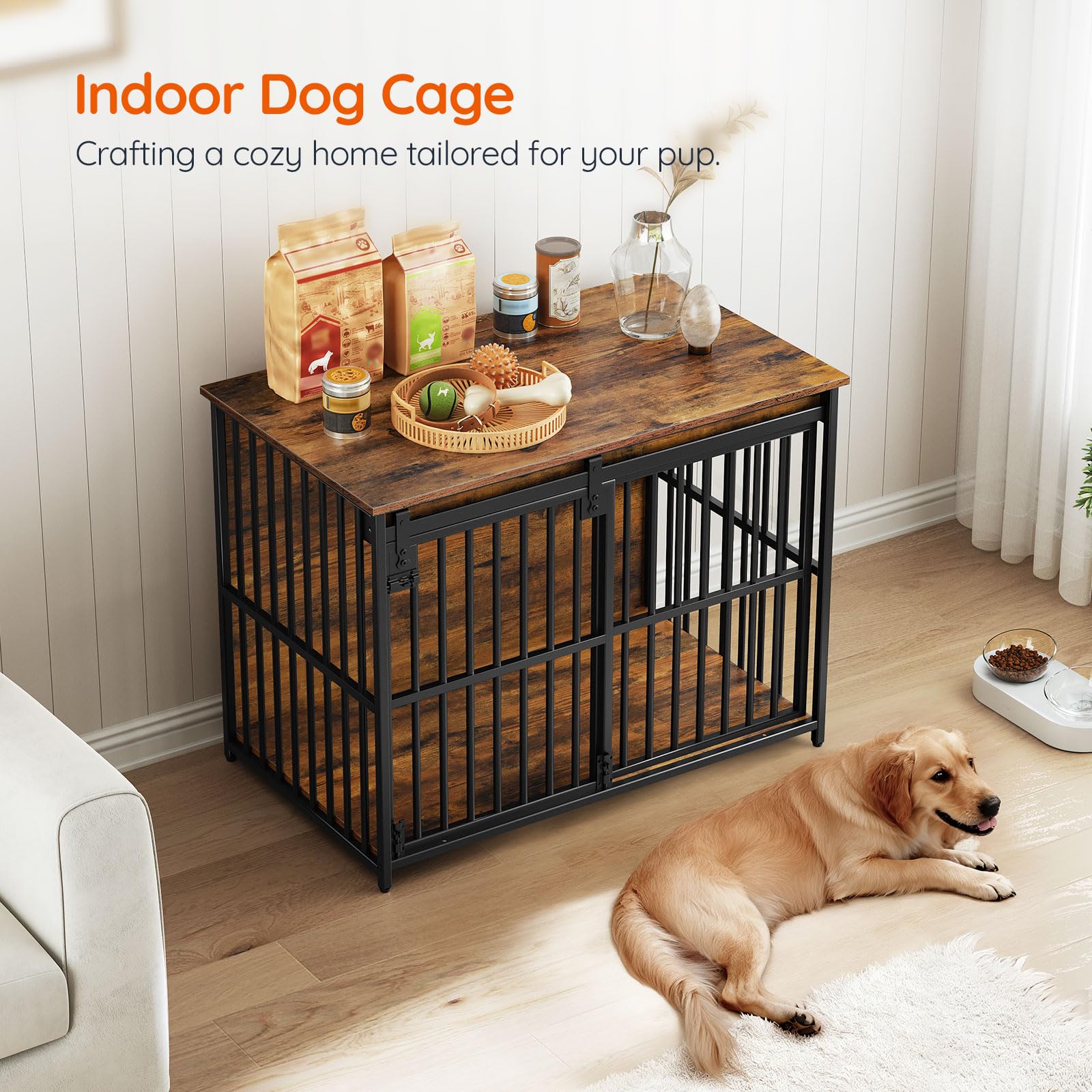 HOOBRO jaula-mueble para perro, diseño rústico que complementa la decoración del hogar.