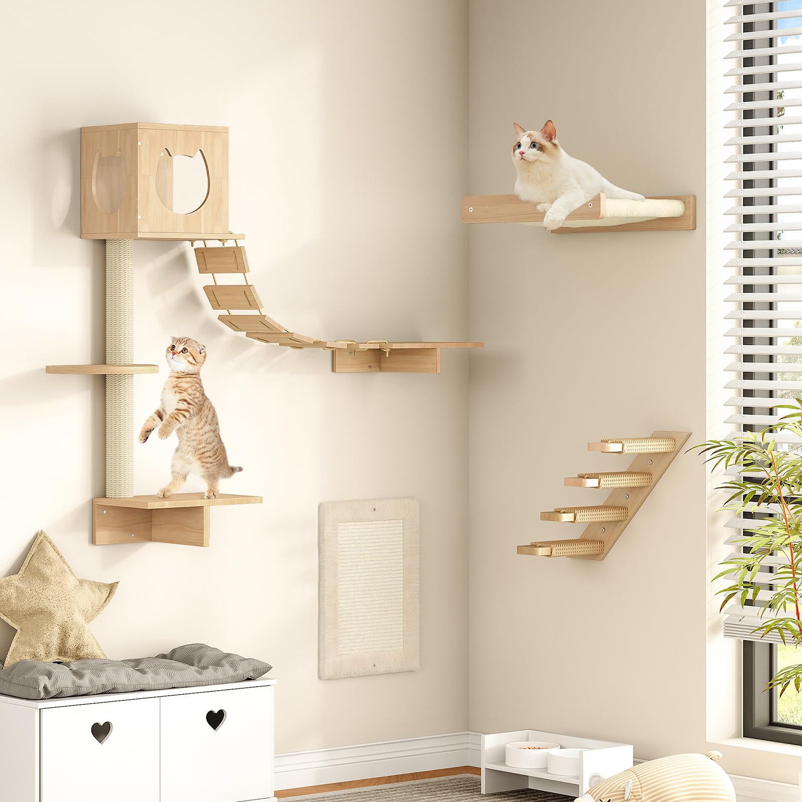 HOOBRO madera natural en estantes para gato, toque cálido en la decoración.