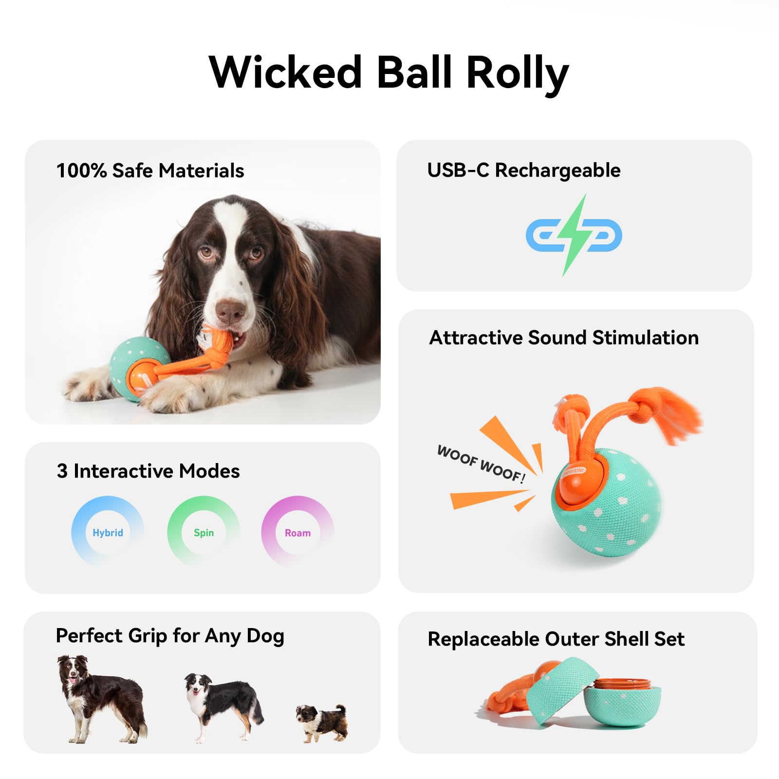 Hoochii Wicked Ball Rolly mostrando modos dinámicos para capturar la atención del perro.