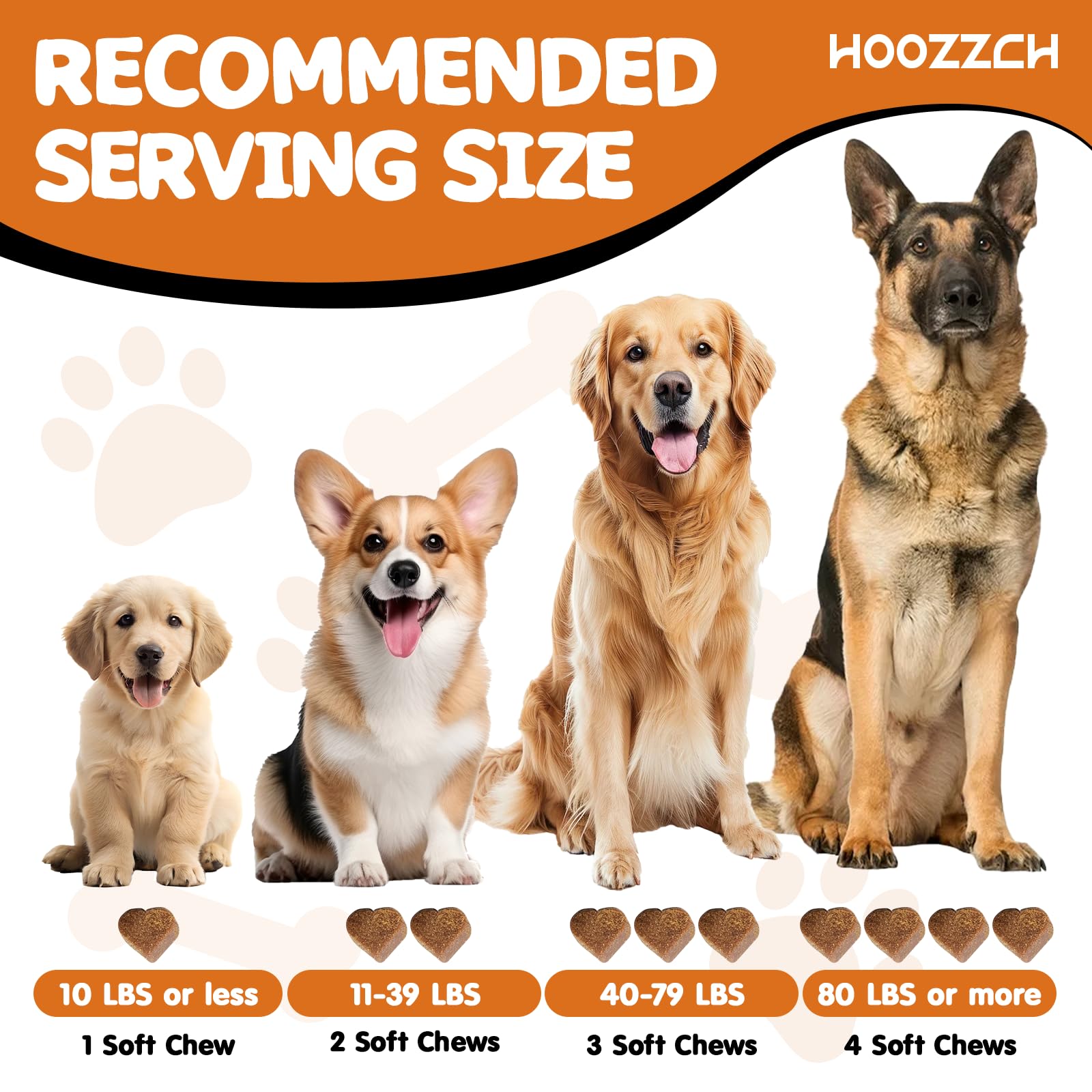 Hoozzch empaque 6 gomitas para perros, pack visible, opción conveniente para sesiones calmantes diarias.