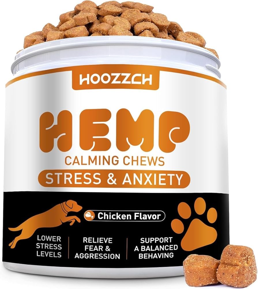 Hoozzch gomitas calmantes para perros, pack frontal, ayuda a la tranquilidad durante salidas.