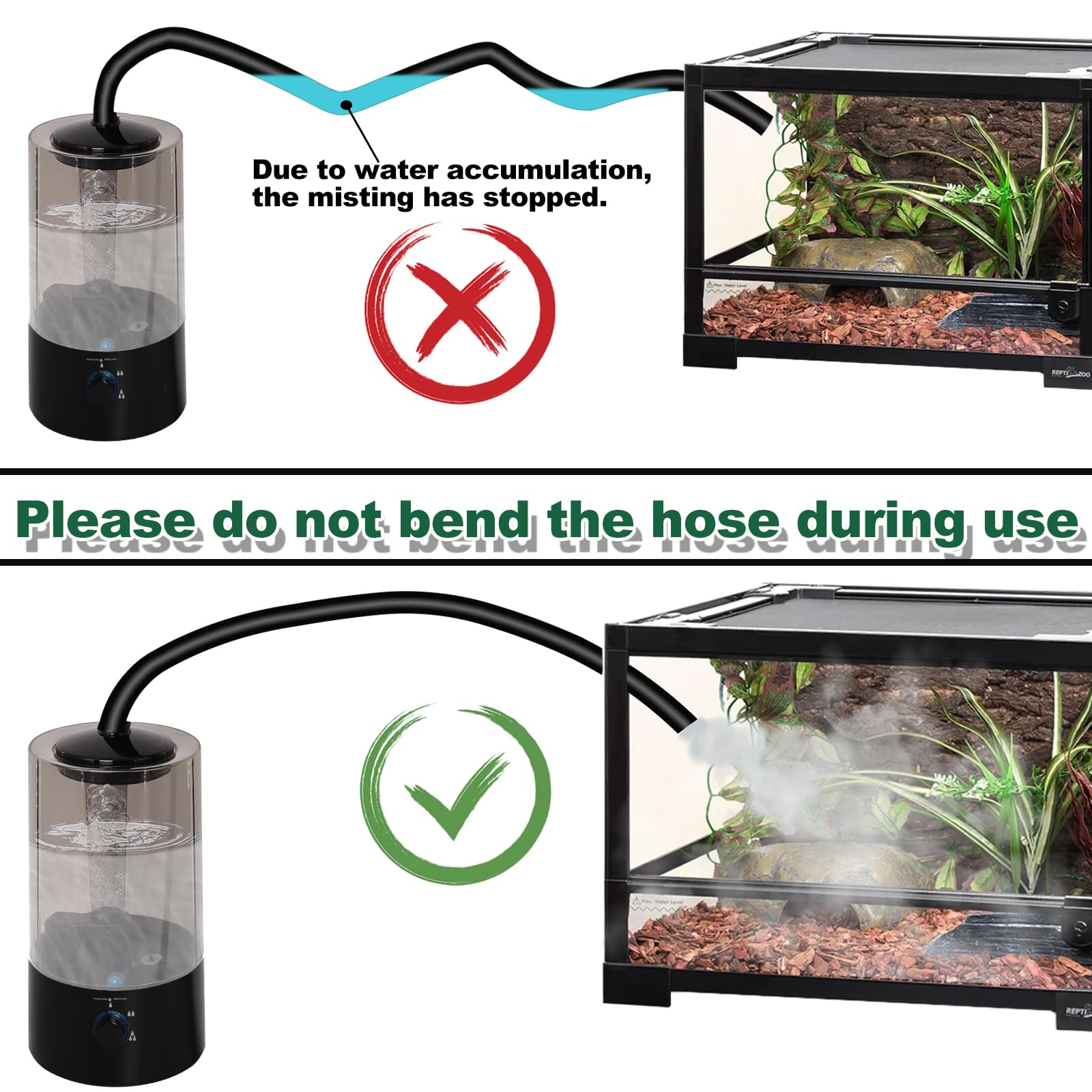 Hoqqf humidificador reptil manguera extendida para alcance flexible.