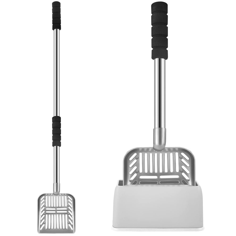 Cucharón para arena de gato Hortsun con mango largo gris, cómodo para limpieza.