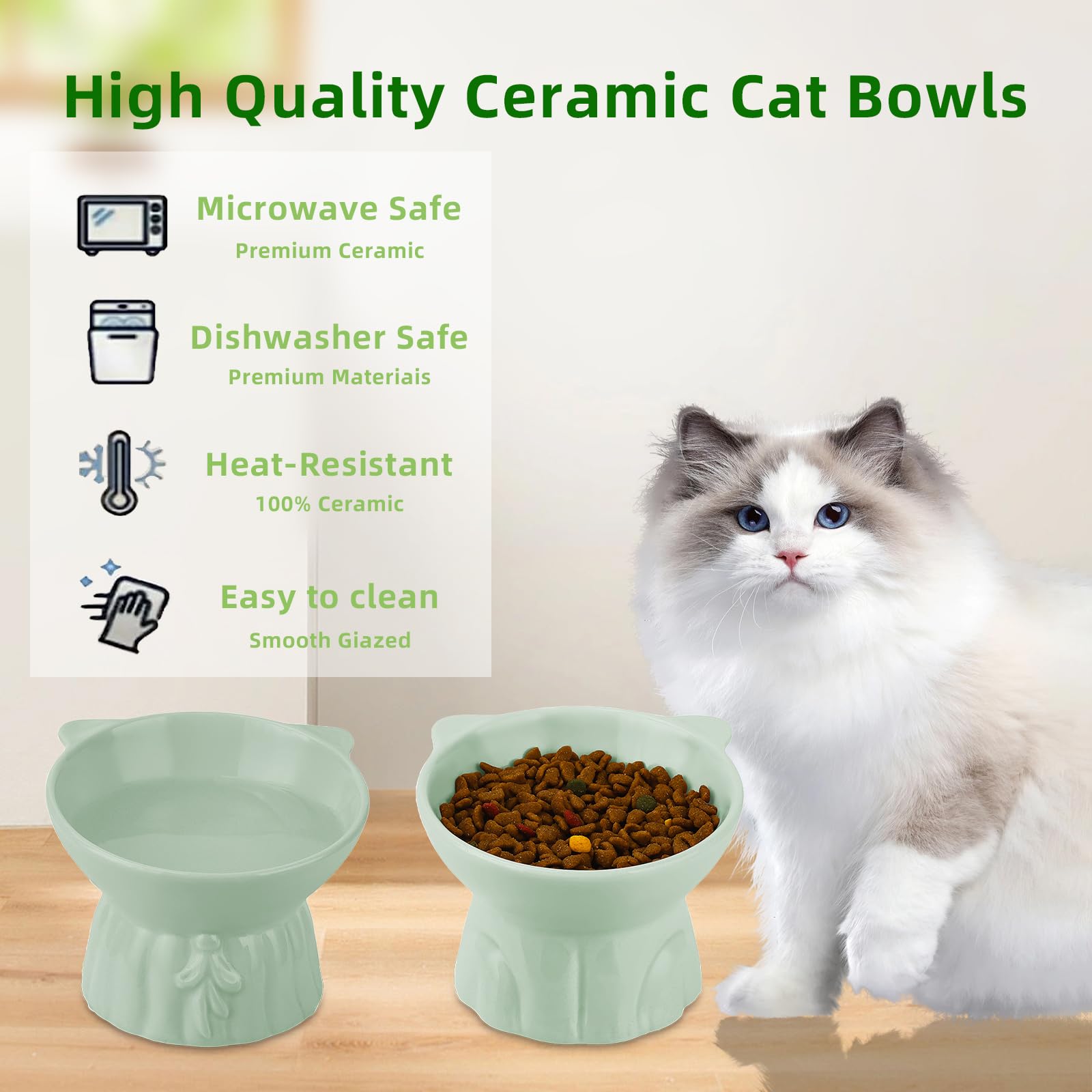 Hovico dos tazones ergonómicos para gato cerámica verde